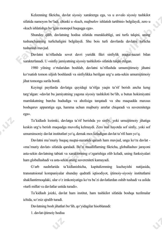 siz ajralib turadi. davlatning bosh jihatlari bo‘lib, qo‘yidagilar hisoblanadi: 1. davlat-ijtimoiy hodisa 2. davlat-siyosiy hodisa 3. davlat- muayyan vazifalarni hal etishga qaratilgan o‘z tarkibi va tuzilmasiga ega. davlatni tushunish uchun avvalo uning ibtidoiy jamiyatdagi ijtimoiy hokimiyatdan va boshqa siyosiy tashkilotlardan farqini tushunib olishimiz kerak bo‘ladi. davlatning ibtidoiy tuzumdagi ijtimoiy hokimiyatdan farq qiluvchi belgilari: 1.ommaviy hokimiyat belgisi. aslida har qanday hokimiyat ham ommaviy, ya’ni ijtimoiydir, biroq, bu joyda ushbu atamaga maxsus ma’no berilmoqda, zero davlat, subyekt, ya’ni hokimiyat sohibi sifatida o‘z obyektidan, ya’ni jamiyatdan ajratilgan. bu holat o‘zining ifodasini alohida davlat apparati mavjudligida topadi. ibtidoiy jamiyat organlari esa o‘zini-o‘zi boshqarish prinsipi asosida qurilgan va jamiyatning ichida bo‘lgan, ya’ni obyekt va subyekt o‘zaro mos kelgan. shunday qilib, davlatning eng muhim belgisi shuki, u ommaviy hokimiyatning apparati hisoblanadi. shu belgiga bog‘liq holda, davlat ommaviy-siyosiy hokimiyatning tashkilotchisi sifatida tavsiflanadi. 2 hududiy prinsip. urug‘ jamoasida odamlar qon-qarindoshlik asosida birlashgan va boshqarilgan; davlat hokimiyati esa hududiy …