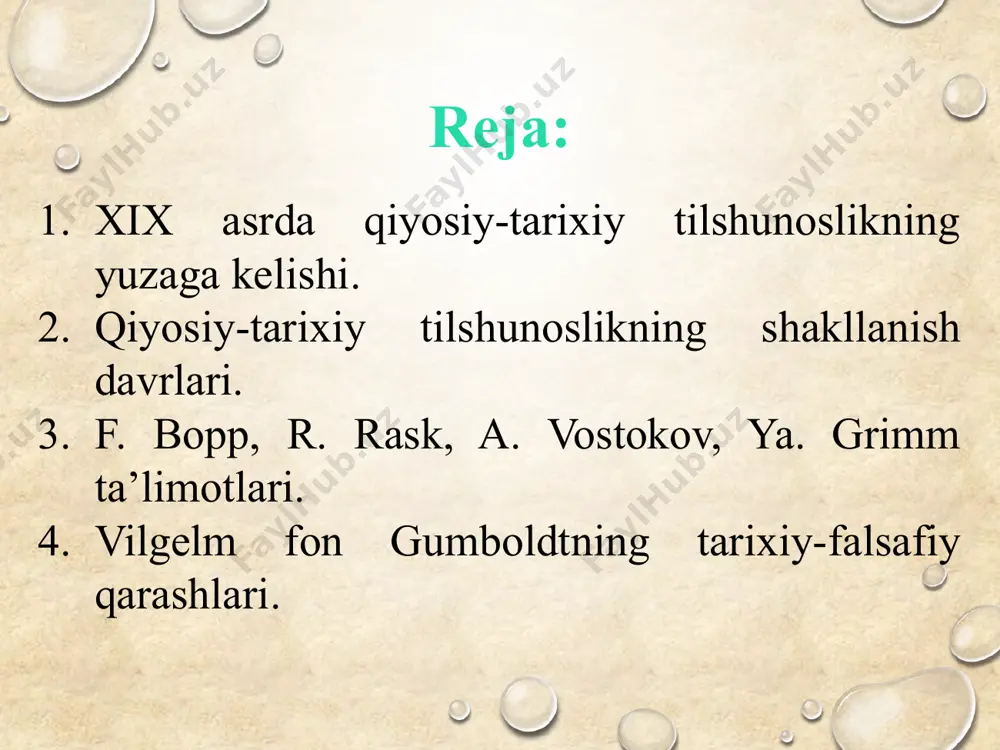 uslanish sistemasiga qiyoslash” (1816) asarida ushbu tillar qiyosiy asosda tasvirlanadi. u “tillar tabiatning organik jismlari sifatida qaralishi lozim” degan nazariyani o’rtaga tashlab, tilning grammatik qurilishini “organizm” deb ataydi. rasmus rask “qadimgi shimol tili sohasidagi tadqiqot yoki island tilining kelib chiqishi” (1818) asarida skandinaviya tillarining boshqa hind-yevropa tillari bilan qarindoshligi va skandinaviya tillarining kelib chiqishi bilan qiziqdi. rasmus kristian rask (1787-1832) yakob grimm 4 tomli ,,nemis grammatikasi”nomli asar yozgan. u tilshunoslikda ilk marta tovushlarning o’zgarishi ma’lum qonuniyat asosida yuz berishini isbotlashga harakat qildi. u o’zining ,,nemis tili tarixi”(1848) nomli asarida yozgan edi: ,,xalqlar haqida suyaklar, qurollar va mozorlarga qaraganda jonliroq bo’lgan guvoh bor. bu-ularning tilidir. til- inson ruhiyatining nafasidir…” a.x.vostokovning 1820-yilda yozgan ,,slavyan tili haqida mulohazalar” maqolasida slavyan va rus tillari tarixidagi taraqqiyot davrlarini, qadimgi rus tilining eski slavyan, polyak va serb tillariga munosabatini aniqladi. 1842-yilda ,,rumyansev muzeumidagi rus va slavyan qo’lyozmalarining tasviri”, 1858-61-yillar orasida ikki tomli ,,cherkov-slavyan tili lug’ati”ni e’lon …