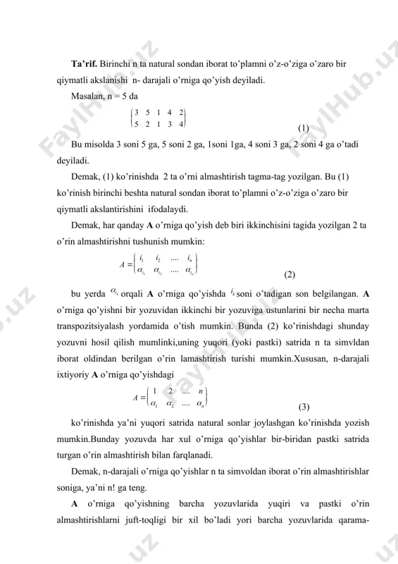 ligi bir xil bo’ladi yori barcha yozuvlarida qarama-qarshidir. birinchi holda o’rniga qo’yishl juft, ikkinchi holda esa toq deyiladi. ko’rish qiyin emaski, n-dajali juft o’rniga qo’yishlar soni toq o’rniga qo’yishlar soniga, ya’ni 1/2*n! ga teng. a o’rniga qo’yishning ixtiyoriy yozuvida ikkala satrdagi inversiyalarning umumiy soni juft bo’lsa, a o’rniga qo’yish juft bo’ladi aks holda toq bo’ladi. n-darajali 2 ta o’rniga qo’yishni ketma-ket bajarish tayin bir uchinchi n-darajali o’rniga qo’yishga olib keladi.bu o’rniga qo’yish berilgan birinchi o’rniga qo’yishni ikkinchisiga ko’paytmasi deyiladi. masalan, , o’rniga qo’yishlar berilgan bo’lsin. u holda bo’ladi. ta’rifdan ko’rinadiki, faqat bir xil darajali o’rniga qo’yishlarni ko’paytirish mumkin.yuqoridagi misoldan ko’rinadiki, n-darajali o’rniga qo’yishlarni ko’paytirish n ( 3 da nokomutatuvdir. o’rniga qo’yishlarni ko’paytirish assosiatuvdir ya’ni n-darajali a,b,c o’rniga qo’yishlar uchun (a b) c = a (b c). o’rniga qo’yish aynan o’rniga qo’yish deyiladi. ko’rish qiyin emaski, ixtiyoriy a o’rniga qo’yish uchin a e= e a = a a o’rniga qo’yishga teskari …