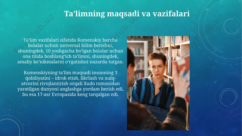ning hissiy-aqliy rivojlanishiga alohida e’tibor qaratilgan, sensorli idrokni rivojlantirishga urgʻu berilgan. komenskiyning didaktik tizimi 17-asr yevropasi uchun yangi boʻlib, bolaning 5 yoshdan boshlab ta’lim olishini, tabiat bilan yaqin aloqada boʻlishini ta’kidlagan. "didaktika magna" asarining ahamiyati “didaktika magna” 1657-yilda nashr etilgan boʻlib, jahon pedagogikasi tarixida taʼlimning universal tizimini yaratishga qaratilgan dastlabki asarlardan biri sifatida katta ahamiyatga ega. komenskiyning “didaktika magna” asari yevropa va butun jahon mamlakatlaridagi maktablarning oʻquv dasturlarini shakllantirishga sezilarli taʼsir koʻrsatgan va hozir ham dolzarbligicha qolmoqda. e'tiboringiz uchun rahmat @taqdimot_robot image3.png image4.jpg image5.jpg image6.jpg image7.jpg image8.jpg image9.jpg image10.jpg image11.jpg image12.jpg image13.jpg image14.jpg image15.jpg image16.jpg image17.jpg image18.jpg