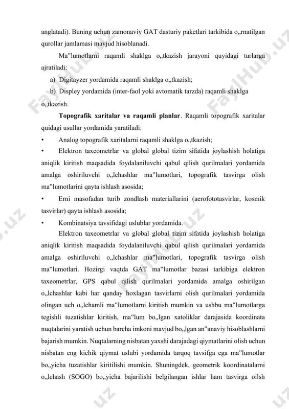 h ma‟lumotlarining o„zaro integratsiyalanishi bilan bog„liq hisoblanadi. bunda tasvirga olish ma‟lumotlari koordinatalari va ob‟ektlardagi nuqtalari o„zaro bog„lanishi amalga oshirilishi mumkin. shundan keyin, ob‟ektlarni to„g„ri holatda joylashtirish va ushbu ko„rinishda ma‟lumotlar bazasi tarkibida saqlash amalga oshirilishi mumkin. shuningdek, tegish sohalari bo„yicha ruxsat etishlar, konfiguratsiyalash algoritmlari va tenglashtirishlar bo„yicha dasturiy paketlar yordamida qayta ishlash ishlarini amalga oshirish mumkin. geodezik o„lchashlar ma‟lumotlari bo„yicha aniqlangan yangi gatob‟ektlarni bir butunlikda tarkibga qo„shishni amalga oshirish mumkin, shuningdek mavjud gat ma‟lumotlarining aniqlik darajasini oshirish mumkin. yangi ob‟ektlarning joylashish joyi bo„yicha xatoliklar og„ish ellipslari sifatida tasvirlanishi mumkin. shundan keyin, ruxsat etishlar bo„yicha miqdoriy solishtirishlarni amalga oshirish mumkin. erni masofadan turib zondlash materiallari. erni masofadan turib zondlash (emz) - bu er yuzasini turli xildagi tasvirga olish apparatlari bilan jihozlangan aviatsiya va kosmik qurilmalar vositalarida kuzatish jarayoni hisoblanadi. bunda tasvirga oli apparatlarining ishlash diapazoni mikrometrning o„ndan bir ulushlaridan (ko„rinuvchi optik nurlanish) bir metrgacha (radioto„lqinlar) qiymat oralig„ida bo„lishi mumkin. zondlash uslublari …