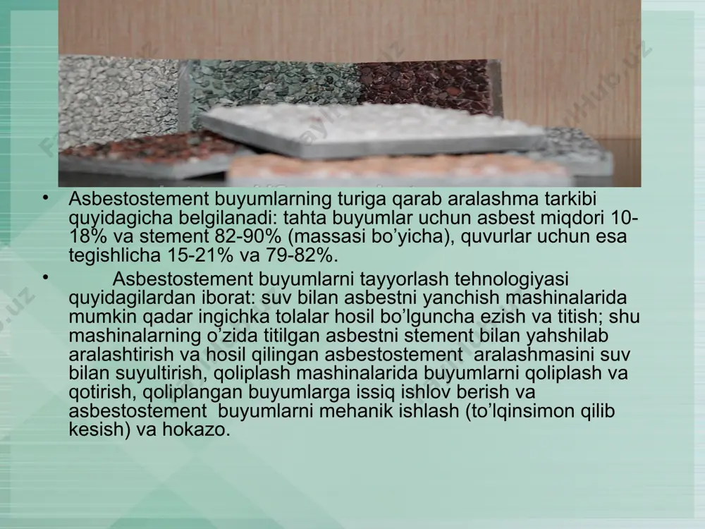 gi 7-18 mm ga teng. suv o’tkazuvchi va suv oqava quvurlarini birlashtirish uchun asbostement ulagichlardan foydalaniladi. shamollatish(ventilyastiya) qutilari yumaloq va to’g`ri to’rtburchak kesimli, ikki tomoni yoki bir tomoni ochiq ko’rinishda tayyorlanadi .