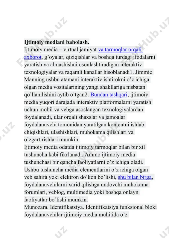 lari esa o’zlarining taxalluslari yoki “tutqichlari” bilan tanilgan. bundan tashqari, foydalanuvchilardan profil ochishni talab qiluvchi turli xil ijtimoiy media platformalari mavjud. xuddi tashrif qog’ozi singari, ijimoiy media foydalanuvchilari o’zlarining shaxsiy ma’lumotlarini platformaga joylaydilar, reklama qiladilar va boshqalarni ularning o’z profillarini kuzatishga va ergashishga rag’batlantiradilar. bunday holatda, ijtimoiy media foydalanuvchilari, shaxslar yoki firma va korxonalar, o’zlarining ma’lumotlarini, faoliyatlarini reklama qiladilar va rivojlantiradilar. suhbatlar bloki foydalanuvchilarning ijtimoiy media platformalari orqali boshqa foydalanuvchilar bilan muloqot qilish darajasini ifodalaydi. ko’pgina ijtimoiy media saytlari asosan shaxslar va guruhlar o’rtasidagi suhbatlarni osonlashtirish uchun yaratilgan. bunday suhbatlar har xil sabablarga ko’ra sodir bo’ladi: hamfikrlar bilan tanishish, haqiqiy sevgini topish, o’ziga bo’lgan hurmatini oshirish yoki yangi g’oyalar va zamonaviy mavzulardan xabardor bo’lish. ba’zilar esa ijtimoiy mediani insonparvarlik, ekologik muammolar, iqtisodiy muammolar yoki siyosiy munozaralarga ijobiy ta’sir ko’rsatish va o’z xabarlarini eshitilishining bir usuli deb bilishadi. shunga ko’ra, ijtimoiy media platformalari turli xil suhbat qilish imkonini beradi. masalan, ba’zi …