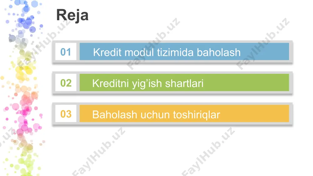 a kiritish uchun jami 240 kredit, magistratura dasturini tugallash uchun esa 120 kredit to‘plashi talab etiladi. manba: https://kun.uz/uz/news/2020/07/22/oliy-talimda-kredit-modul-kelayotgan-oquv-yilida-talabalarni-nimalar-kutmoqda ects kredit-modul tizimida yillik kreditlar miqdori 1 kredit=25-30 o’qish yuklamasi 1 kredit uchun belgilangan 25-30 soatlik o‘qish yuklamasi bu fanni o‘rganish uchun sarflanadigan jami harakatlar jamlanmasi bo‘lib, unga nafaqat dars vaqti, balki talabaning fanni o‘rganish uchun uyda va kutubxonada sarflagan vaqti, imtihonlar vaqti, qo‘yingki talaba ushbu fanni o‘zlashtirish uchun sarflagan barcha tizimli harakatlari vaqtini qamrab oladi. 1 kredit o’qish yuklamasini bajarish ects kredit-modul tizimida talabaning bilim olish vaqti tushunchasi dars vaqti tushunchasi bilan cheklanib qolmasdan, talaba o‘qish uchun sarflagan umumiy vaqt bilan o‘lchanadi. 1 soat auditoriya vaqti uchun talaba 1,5 soat uyda va kutubxonada o‘qishi zarur. lekin bu jarayon ko‘p jihatdan o‘qituvchining mas'uliyatiga ham bog‘liq. chunki talabalar o‘z vaqtlaridan samarali foydalanishlari uchun ularga darsdan tashqarida o‘qish uchun qiziqarli materiallar va topshiriqlar berib borish o‘qituvchining vazifasidir. manba:https://kun.uz/uz/news/2020/07/22/oliy-talimda-kredit-modul-kelayotgan-oquv-yilida-talabalarni-nimalar-kutmoqda kredit modul sistemasida fanlarni o’zlashtirish kredit-modul …