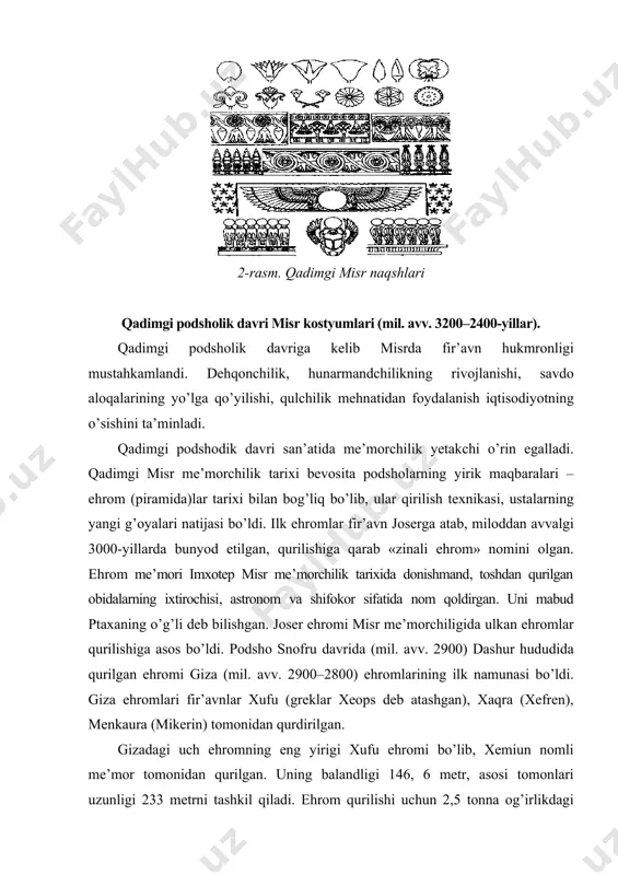 tejash va ularni maqbalarni bezatishga ishlatishga majbur qildi. o’rta podsholik davri san’ati (mil. avv. xxi–xix asrlar). yirik me’morlik obidalari xarajati uchun to’plangan soliqlar nomlarning norozoligini vujudga keltirdi. mil. avv. xxiv asrlarda fiva boshchiligida ko’tarilgan qo’zg’olonda janubiy nomlar g’alaba qozondi. amenemxet i davrida fayum markaz sifatida rivojlandi. iqtisodiy o’sish san’at va madaniyatga ham o’zining ijobiy ta’sirini ko’rsatdi. me’morchilikda yirik ehromlar o’rnini devor bilan o’ralgan o’ziga xos maqbaralar egallay boshladi. dair al-baxridagi mentuxotep ii maqbaralari bunga misol bo’ladi. yangi podsholik davri san’ati (mil. avv. xvi–xv asrlar). mil. avv. xviii asrlarda ko’chmanchi giksoslar bilan bo’lgan janglar misrni iqtisodiy-siyosiy inqiroz yoqasiga olib keldi. miloddan avvalgi xvi asrda fiva boshchiligidagi misrliklarning giksoslar ustidan g’alabasi yangi podsholik davrini boshlab berdi va san’atda yangi xususiyatlar vujudga keldi. misr san’ati suriya, krit, mesopotamiya hududlariga qadar kirib keldi. me’morlik san’ati taraqqiy etdi. yаngi podsholik davriga oid eng yirik maqbara mabud amonga atalgan maqbara sanalib, uning devorlariga suratlar relyeflar podsholik …