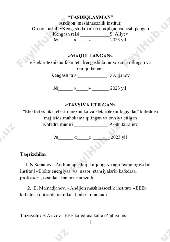 etma-ket qarshilik ulangandagi tabiiy va sun’iy static tavsiflarini hisoblash…………………………………………………………….18 7 - amaliy mashg‘ulot: o‘zgarmas tok motorlarning yakor zanjiriga parallel qarshilik ulangandagi static tavsiflarini hisoblash………..21 8 - amaliy mashg‘ulot: o‘zgarmas tok motorlarning yakor zanjiriga ketma-ket va parallel qarshilik ulangandagi tabiiy va sun’iy static tavsiflarini hisoblash………………………………………………..24 9 - amaliy mashg‘ulot: o‘zgarmas tok motorlarining magnit oqimi o’zgargandagi static tavsiflarini hisoblash………………………..27 10- amaliy mashg‘ulot: o‘zgarmas tok motorni pog’onali ishga tushirishni hisoblash va diagrammalarini qurish……………….…30 11- amaliy mashg‘ulot: o‘zgarmas tok motorni ishga tushirish pog’ona qarshiliklarini hisoblash.…………………………...…34 12- amaliy mashg‘ulot: o‘zgarmas tok motorni tormozlash tavsiflarini hisoblash va qurish.……………………………………………..37 13- amaliy mashg‘ulot: o‘zgarmas tok motorni reverslash tavsiflarini hisoblash va qurish…………………………………………….41 foydalanilgan adabiyotlar ………………………………….44 amaliy ish № 1 mavzu: elektr yuritmaning mexanik qismlarini inertsiya momentlarini hisoblash. i. ishdan maqsad: elektr yuritmalarni mexanik qismlarini o’rganish, mexanik qism elementlari bilan tanishish, turli mexanizmlarning elektr yuritmalarini mexanik qismini kinematik smemalarini tuzishni o’rganish. kinematik sxemalar asosida mexanizmni ishchi organining momentini dvigatel valiga …
