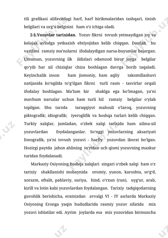 xabar beradi. 1830 -yilda asirlikka tushgan shved zobiti iogan stralenberg ham sibirda noma’lum yozuvlar bitilgan toshlarga duch keladi. shundan so‘ng, 1890-yilda fin-ugor ilmiy jamiyatining o‘rxun daryosiga uyushtirgan arxeologik ekspeditsiyalari o‘rxun-enasoy bitiklari xususida ko‘plab aniq va yangidan-yangi ma’lumotlar to‘planishida katta ahamiyat kasb etdi. bu davrda runik yozuv deb nomlangan o‘rxun - enasoy yozuvini (o‘rxun - enasoy yozuvi shaklan got yozuviga, ya’ni qadimgi olmon yozuviga o‘xshash bo‘lgani tufayli runik - sirli deb nomlangan) 1893-yilning oxirida danyalik olim v.tompson birinchi bo‘lib o‘qishga muyassar bo‘ldi. u eng avval tangri va turk so‘zlarini o‘qigach, bu yozma yodgorliklar turkiy xalqlarga tegishli ekanligi ma’lum bo‘ldi. mazkur yilning 25- noyabrida esa bitiktoshlardagi barcha harflarni aniqlab, yodgorliklarning sirini to‘laligicha ochishga muyassar bo‘ldi. shu orada rus sharqshunosi, akademik v.v.radlov ham 15 ga yaqin harflarni aniqlab ulgurgan edi. shunday qilib, o‘rxun-enasoy yozma yodgorlik-larining o‘qilishida ikki zabardast olim v.tompson va v.v.radlov-larning xizmatlari beqiyosdir. o‘rxun-enasoy yozuvi o‘ngdan chapga va yuqoridan pastga qarab yozilgan. …