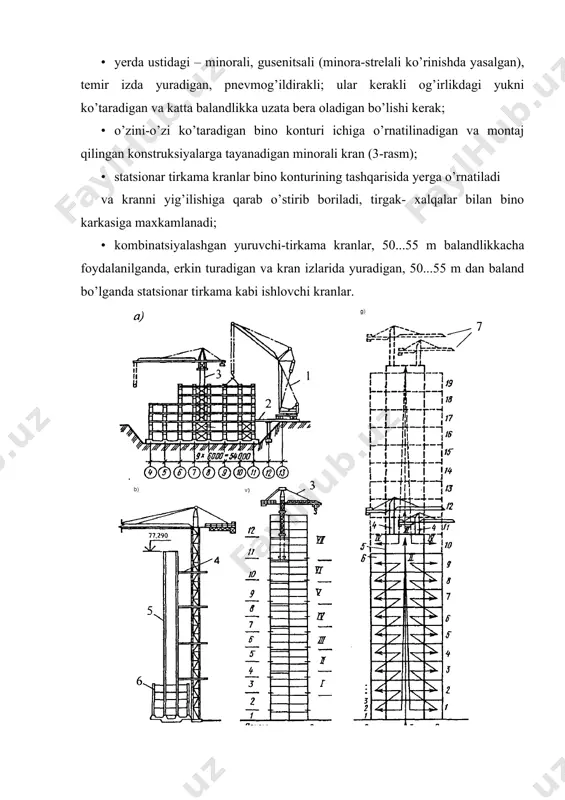 ntaj yarusining balandligi 6 qavatni tashkil etadi. bir qavatga mos qirqimli ustunlardan kam hollarda foydalaniladi, odatda, karkasda ramali temir beton elementlar bo’lganda qo’llaniladi. konstruktiv yechimiga qarab –binolarning quyidagi turlari eng ko’p tarqalgan: · yig’ma karkasli va o’zini-o’zi ko’taradigan devorlar bilan. bunday binolarni karkasi ko’ndalang yo’nalishda bikir ramalardan tuziladi. bo’ylama yo’nalishda ustunlar gorizontal kuchlarni devorga uzatuvchi bikir disk- yopma bilan bog’lanadi; · yig’ma karkasli va osma panel bilan. bunday yechimda, ramali konstruksiyalarni karkasi ikki yo’nalishda bajariladi, rama mavjud bo’lganda faqat bir tekislikda, boshqasida esa bog’lamalar o’rnatiladi; · ramali konstruksiya to’sinsiz yopma bilan. karkasni asosiy elementlariga ulanishlari xar 2 qavatdan keyin bo’lgan ustunlar, rigellar, qavatlararo yopmalar va devor panellari kiradi. baland binolarni barpo etish, quyidagi bosqichlarga bo’linadi: · binoni yer osti qismini barpo etish; · bikirlik yadrosini betonlash; · yig’ma konstruksiyalarni montaj qilish yoki monolit karkasni barpo etish; · pardadevorlarni montaj qilish; · pardozlash ishlari. karkas konstruksiyalarini montajiga konstruksiyalarni loyiha holatiga o’rnatish, …