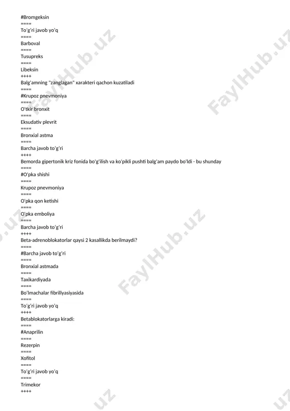 a javob to’g’ri ++++ gipertenziya davolashda foydalaniladi ==== #enalapril, atenolol ==== atropin, asparkam ==== digoksin, dimedrol ==== selanid, corvalol ==== barcha javob to’g’ri ++++ gipertonik krizda foydalaniladi ==== #klonidin, laziks ==== morfin, kordiamin ==== analgin, dimedrol ==== baralgin, mezaton ==== barcha javob to’g’ri ++++ gipertonik krizlarga olib keluvchi sababni ko'rsating(quyidan tashqari). ==== #aspirinni to'satdan bermay o'yishi ==== klofelinni to'satdan bermay qo'yishi ==== stress ==== gipodinamiya ==== ob-avoning keskin o'zgarishi ++++ gipertonik krizlarni bartaraf etish uchun nimalar qo'llanilmaydi ==== #amlodipin ==== laziks ==== korinfar ==== magneziya sulfat ==== nitroprussid natriy ++++ gipertonik krizlarni bartaraf etishda qqaysi siydik xaydovchi dorilar qo'llaniladi ==== #furosemid ==== uregit ==== veroshpiron ==== aldakton ==== triamteren ++++ gipertonik krizlarni davolashda qo'llanilmaydigan dorilarni ko'rsating: ==== #triampur ==== korinfar ==== nifidipin ==== natriy nitroprusside ==== laziks ++++ gipertonik krizlarni davolashdaqo'llanilmaydigan dorilarni ko'rsating: ==== #laziks ==== korinfar ==== enalapril ==== lozartan ==== barcha javob to’g’ri ++++ gipertonik krizlarning qaysi shakllari …