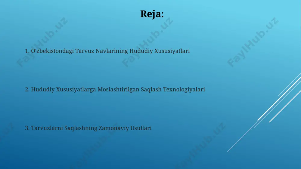 да сақланиб, қўшимча қиймат яратадиган маҳсулотларга (ширинликлар, мураббо) айлантирилади. тарвуз пюресини яратиш учун 20-30% мева чиқиндиларидан фойдаланилади, бу эса озиқ-овқат саноати учун алоҳида фойда келтиради. tarvuz saqlashda zararkunandalar va kasalliklar zararkunandalar ichidan, ayniqsa, tarvuz shirasini so'ruvchi tripslar va qo'ng'izlar 5-7% hosilga zarar yetkazishi mumkin. tarvuz saqlashda 10-15% gacha bo'lgan zararni qo'ziqorin kasalliklari, xususan, antraknoz va fusarium qo'zg'atadi, ular namlik yuqori bo'lganda faollashadi. o'zbekistondagi tarvuz navlarining hududiy tarqalishi farg'ona vodiysida erta pishuvchi tarvuz navlari, masalan, “xorazm” navi, o'rtacha 70 kun ichida hosil beradi va yuqori unumdorlik bilan tavsiflanadi. surxondaryo viloyatining janubiy hududlarida issiklikka chidamli, 100 grammdan ortiq vaznli yirik mevali navlar keng tarqalgan. zamonaviy tarvuz saqlash texnologiyalari gamma-nurlantirish texnologiyasi yordamida tarvuzlarni zararsizlantirish va saqlash muddatini 1-1,5 oyga uzaytirish mumkin, lekin dozani aniq nazorat qilish muhim. tarvuzlarni modifikatsiyalashgan atmosfera sharoitida (map) saqlash, kislorod miqdorini 3% gacha pasaytirib, karbondioksid miqdorini 5-10% ga oshirish orqali chirishi va qurishi jarayonini sekinlashtiradi. tarvuzning pishish davri va …
