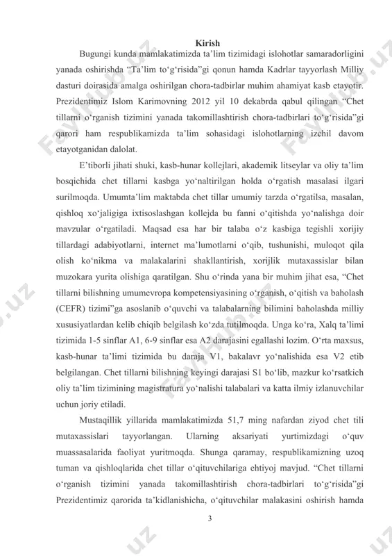 t etilyapti. bundan tashqari, prezidentimizning qaroriga asosan, mamlakatimizda chet tillar o‘qituvchilari malakasini oshirish, respublikamizning chekka tuman va qishloqlarida bu boradagi ehtiyojlarni ta’minlash jarayoni oliy va o‘rta maxsus ta’limi, xalq ta’limi vazirliklari, o‘rta maxsus, kasb-hunar ta’limi markazi hamda davlat test markazlari bilan kelishilgan holda amalga oshirilmoqda. ushbu jarayon eng avvalo, bizda qancha chet tili o‘qituvchilari bor, ularning bilim saviyasi qay darajada, qaysi hududlarda mutaxassislarga ehtiyoj sezilmoqda kabi bir qator tahliliy jarayonlarni aniqlab olishni taqozo etadi. bilamizki, mustaqillik yillarida chet tillarni o‘rgatish bo‘yicha qator qarorlar qabul qilingan. prezidentimizning 2012 yil 10 dekabrda qabul qilingan “chet tillarni o‘rganish tizimini yanada takomillashtirish chora-tadbirlari to‘g‘risida”gi qarori esa bugungi zamon talabi ekanligi bilan ham o‘ta ahamiyatlidir. rostki, bugungi kunda butun dunyoda chet tillarni mukammal biladigan mutaxassislarga ehtiyoj ortib bormoqda. ushbu qarorga ko‘ra, 2013-2014 o‘quv yilida umumta’lim maktablarining birinchi sinflardan o‘yin tarzidagi darslar va og‘zaki nutq darslari shaklida, ikkinchi sinfdan esa, alifbo, o‘qish va grammatikani o‘zlashtirishdan bosqichma-bosqich …