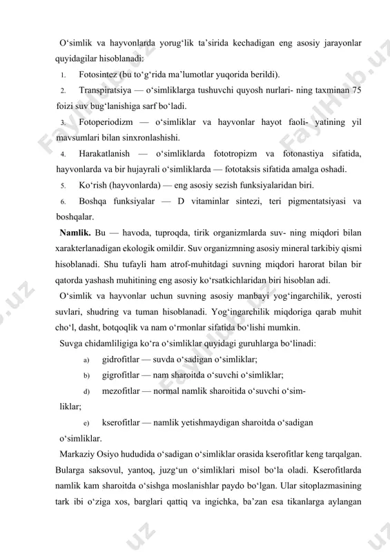 ngarchilik miqdoriga qarab muhit cho‘l, dasht, botqoqlik va nam o‘rmonlar sifatida bo‘lishi mumkin. suvga chidamliligiga ko‘ra o‘simliklar quyidagi guruhlarga bo‘linadi: a) gidrofitlar — suvda o‘sadigan o‘simliklar; b) gigrofitlar — nam sharoitda o‘suvchi o‘simliklar; d) mezofitlar — normal namlik sharoitida o‘suvchi o‘sim- liklar; e) kserofitlar — namlik yetishmaydigan sharoitda o‘sadigan o‘simliklar. markaziy osiyo hududida o‘sadigan o‘simliklar orasida kserofitlar keng tarqalgan. bularga saksovul, yantoq, juzg‘un o‘simliklari misol bo‘la oladi. kserofitlarda namlik kam sharoitda o‘sishga moslanishlar paydo bo‘lgan. ular sitoplazmasining tark ibi o‘ziga xos, barglari qattiq va ingichka, ba’zan esa tikanlarga aylangan bo‘ladi. yantoq va saksovulning ildizi juda uzun bo‘lib, yerosti suvlarigacha yetib boradi. ko‘p o‘simliklar yozda bargini to‘kishi bilan o‘zidan suvning bug‘lanishini kamaytiradi. ba’zi qishloq xo‘jalik o‘simliklari, masalan, oqjo‘xori, tariq ham suvsiz likka chidamli bo‘ladi. cho‘l va dashtlarda yashovchi hayvonlarda ham suvsizlikka moslanishlar mavjud. ular tez va uzoq chopa olishi natijasida uzoqlarga, suv ichish joylariga migratsiya qiladi. kemiruvchilar, sudralib yuruvchilar, hasharotlar va …
