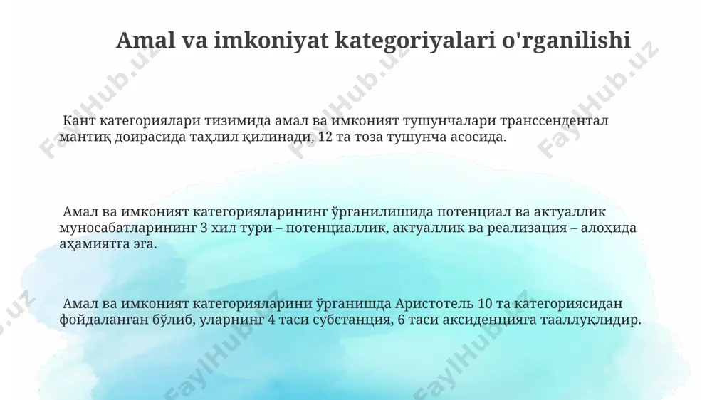 aydi, deb hisoblashgan bo'lsada, kant kategoriyalarning aqliy shakllar ekanligini ta'kidlagan. kantning ontologiyasidagi kategoriyalar kant ontologiyasida 12 ta toza aql kategoriyasi mavjud bo'lib, ular ob'ektlarning tajribaga oid tushunchalarini shakllantirishda muhim rol o'ynaydi, bu kategoriyalar miqdor, sifat, munosabat va modalitet kabi to'rt guruhga bo'linadi. kantning ontologiyasidagi kategoriyalar transcendental mantiq doirasida o'rganiladi va transcendental estetika bilan chambarchas bog'liqdir, ular vaqt va fazo kabi sezgi shakllari bilan birgalikda tajribaning mumkinligini ta'minlaydi. bu 12 kategoriya ob'ektlarning o'zaro bog'liqliklarini va ularning mavjud bo'lish tarzlarini aniqlash uchun zarur bo'lgan aqliy funksiyalar sifatida ko'rib chiqiladi; ular sezgir tajribadan mustaqil ravishda aql tomonidan beriladi. e'tiboringiz uchun rahmat @taqdimot_robot image1.png