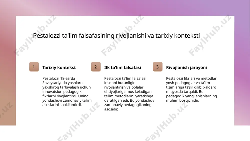 jlanishining muhim qismini tashkil etadi. pestalozzi ta'lim falsafasining zamonaviy pedagogik amaliyotlarga ta'siri va ilhomlantiruvchi o'zgarishlar. 1 innovatsion ta'sir pestalozzi metodlari zamonaviy maktablarda innovatsion yondashuvlarni rivojlantirdi, o'quv jarayonini shaxsiy va ijtimoiy rivojlanishga yo'naltirdi. 2 bolalar markazlari pestalozzi bolalarni ta'lim jarayonining markaziga qo'ydi, ularning ehtiyojlari va qiziqishlariga asoslangan individual yondashuvlarni keng qo'lladi. 3 holistik yondashuv uning ta'lim falsafasi butun inson rivojlanishini qo'llab-quvvatlaydi, bu esa zamonaviy pedagogikada jismoniy, intellektual va emotsional rivojlanishni muhim hisoblaydi. xulosa pestalozzi pedagogikasining asosiy tamoyillari zamonaviy ta'limga ta'sir etgan g'oyalar bolalar rivojlanishiga qaratilgan yondashuvlar pestalozzi ta'lim falsafasining asosiy tamoyillari insonparvarlik, yoshga mos metodlar va holistik yondashuvni o'z ichiga oladi, bu bolalarning rivojlanishini keng qamrab oladi. pestalozzi g'oyalari va metodlari zamonaviy pedagogikaga katta ta'sir ko'rsatdi, innovatsion, interaktiv va bolalar markazli yondashuvlarni rivojlantirishda muhim rol o'ynadi. pestalozzi bolalar ta'limida individual ehtiyojlar va imkoniyatlarni hisobga olgan holda, amaliy faoliyatlar va shaxsiy yondashuvlarni rivojlantirishda muhim bo'ldi. foydalanilgan adabiyotlar 1. 1. ahmadov, m. (2019). …