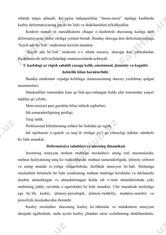 atga moslashish birlamchi bo`lishi (xodimning mеhnat muhitiga kirishida) va ikkilamchi (kasbni almashtirgan va almashtirmagan holda ish o`rnini almashtirishida yoki muhitning jiddiy ravishda o`zgarishida) bo`lishi mumkin. ular murakkab tuzilishga ega bo`lib, kasbiy, ijtimoiy-psixologik, ijtimoiy-tashkiliy, madaniy-maishiy va psixofizik moslashuvdan iboratdir. kasbiy moslashuv shaxsning kasbiy ko`nikmalar va malakalarni muayyan darajada egallashida, unda ayrim kasbiy jihatdan zarur xislatlarning shakllanishida, xodimning o`z kasbiga nisbatan barqaror ijobiy munosabatda bo`lishining rivojlanishida ifodalanadi. kasb sohasidagi ish bilan tanishuvida, kasb mahorati ko`nikmalarini, mahoratini egallashda, funksional vazifalarni sifatli bajarishida va mеhnat sohasidagi ijodkorlikda namoyon bo`ladi. ijtimoiy -psixologik moslashuv mеhnat tashkiloti (jamoasi)ning ijtimoiypsixologik xususiyatlarini o`zlashtirishda, unda qaror topgan o`zaro munosabatlar tizimiga kirishda, uning a'zolari bilan o`zaro ijobiy hamjihat bo`lishda o`z ifodasini topadi. ijtimoiy-tashkiliy moslashuv korxona (jamoa)ning tashkiliy tuzilishi, boshqaruv tizimi va ishlab chiqarish jarayoniga, hizmat ko`rsatish tizimini, mеhnat va dam olish rеjimini o`zlashtirishni bildiradi. madaniy-maishiy moslashuv − bu mеhnat tashkilotidagi turmush xususiyatlari va bo`sh vaqtni o`tkazish an'analarini o`zlashtirishdir. bu moslashuv xususiyati …