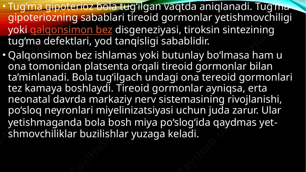 ik va fizik buzilishlar to‘liq tiklanadi. davogacha qanchalik uzoq vaqt o‘tsa oligofreniya rivojlanish xavfli va uning og‘irlik darajalari ortib boradi. gipoterioz sintetik tireoid gormon bilan juda oson davolanadi. faqat uning dozasini to‘g‘ri tanlash va doimiy nazorat qilib turish kerak. davoning 1-haftasidayoq gipoterioz regressi kuzatiladi. bir necha oyda simptomlar to‘liq yo‘qoladi. levotiroksin natriy, sintroid, levoksil, levotroidlar amaliyotda ko‘p qo‘llaniladi. ko‘pchilik bemorlar tireoid preparatlarni butun umr ichishlari kerak. shuning uchun ularga dozasini aniq qo‘llash kerak. ba’zi bemorlarda gipoterioz progressirlantiruvchi xarakterda bo‘ladi. shuning uchun ularda dozasini doimo oshirib borish kerak. buning sababi asta-sekin qalqonsimon bez funksiyasining so‘nib borishi. ko‘p bemorlarda yangidan dorini qabul qilish boshlanadi ba’zan gipoterioz simptomlari davoga qaramasdan saqlanib qoladi. buning sabablari dozaning noto‘g‘ri tanlanishi, dorining me’da-ichak traktida so‘rilishining buzilishi, ichak kasalliklari, mediokomentlar-kalsiy karbonat, xoletiramin, sukralfat, alyuminiy gidroksid temir preparatlari qabul qilish. bunda tireoid gormon dozasini oshirish boshqa preparatlar bilan 4-soat oraliq bilan qabul qilish kerak. oshiqcha dozasi taxikardiya, mersal aritmiya, …