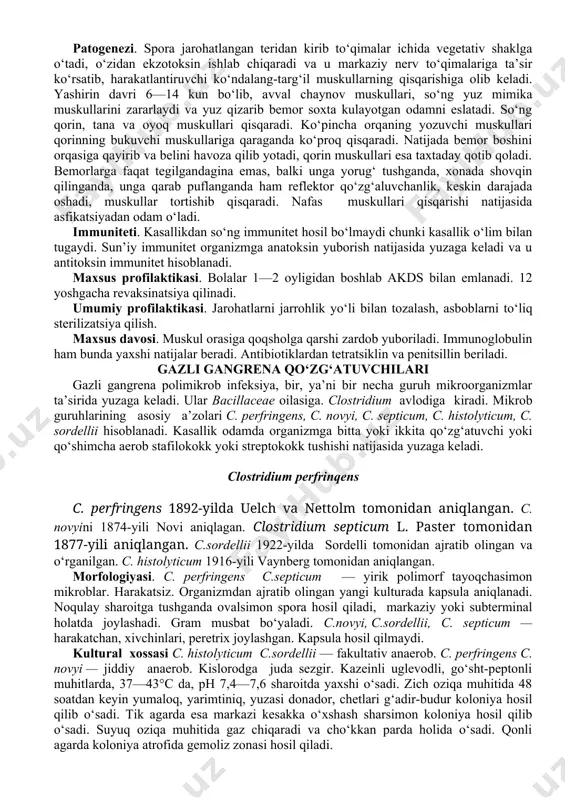 b o‘sadi. chidamliligi. vegetativ shakli 60—70°c harorat ta’sirida 20—30 daqiqa, sporasi qaynatilganda 1—1,5 soatdan keyin, dezinfeksiyalovchi eritmalar ta’sirida 5—6 soatdan keyin nobud bo‘ladi. тuproqda va boshqa buyumlarda sporalar uzoq vaqt saqlanadi, tik quyosh nurida bir necha soatdan keyin nobud bo‘ladi. infeksiya manbayi. ko‘pgina hayvonlar qoqshol qo‘zg‘atuvchisining tashuvchisi bo‘lib hisoblanadi. odam va hayvon chiqindisi bilan bakteriyalar tashqi muhitga chiqarilib turiladi. тarqalish yo‘li. asosan go‘nglangan tuproq orqali tarqaladi, mikroblar tanaga shikastlangan teri va shilliq pardalar orqali kiradi. qoqshol jarohat infeksiyasi bo‘lib hisoblanadi. qoqshol yangi tug‘ilgan chaqaloqlarda ham bo‘ladi (tetanus neonatorum). kindik bog‘lanayotgan vaqtda u to‘liq sterilizatsiya qilinmagan asboblar bilan ifloslansa, qoqshol tayoqchasining sporalari kindik orqali organizmga kiradi. patogenezi. spora jarohatlangan teridan kirib to‘qimalar ichida vegetativ shaklga o‘tadi, o‘zidan ekzotoksin ishlab chiqaradi va u markaziy nerv to‘qimalariga ta’sir ko‘rsatib, harakatlantiruvchi ko‘ndalang-targ‘il muskullarning qisqarishiga olib keladi. yashirin davri 6—14 kun bo‘lib, avval chaynov muskullari, so‘ng yuz mimika muskullarini zararlaydi va yuz qizarib bemor soxta …