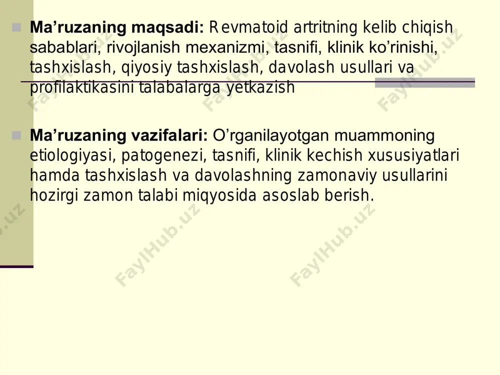 modifikatsiya): bo’g’im atrofi osteoporozi osteoporoz + bo’g’imlar aro tirqishning torayishi, yakka eroziyalar bo’lishi mumkin ii bosqich + eroziyalarning ko’pligi + bo’g’imlarda yarim chiqishlar iv – iii bosqich + suyak ankilozi i ii iii iv 6.qo’shimcha immunologik xarakteristika - antitsitrullin antitanalar: atssp – negativatssp - pozitiv 7. funksional sinf: to’liq saqlangan: o’z-o’ziga xizmat qilish, professional bo’lmagan va professional mehnatga layoqatlik saqlangan: o’z-o’ziga xizmat qilish, professional mehnatga layoqatlik; cheklangan: professional bo’lmagan mehnatga layoqatlik saqlangan: o’z-o’ziga xizmat qilish; chegaralangan: professional bo’lmagan va professional mehnatga layoqatlik chegaralangan: o’z-o’ziga xizmat qilish, professional bo’lmagan va professional mehnatga layoqatlik i ii iii iv 8. asoratlari: 1. ikkilamchi sistem amiloidoz 2. ikkilamchi artroz 3. osteoporoz (sistem) 4. osteonekroz 5. tunnel sindromlar (karpal kanal sindromi, tirsak nervi va n. tibialis ni bosilish sindromlari) 6. atlanto-aksial bo’g’im yarim chiqishi, mielopatiya bilan birga, umurtqa pog’onasini bo’yin qismininostabilligi 7. ateroskleroz 1. ikkilamchi sistem amiloidoz 4. osteonekroz 2. ikkilamchi artroz 5. tunnel sindromlar …