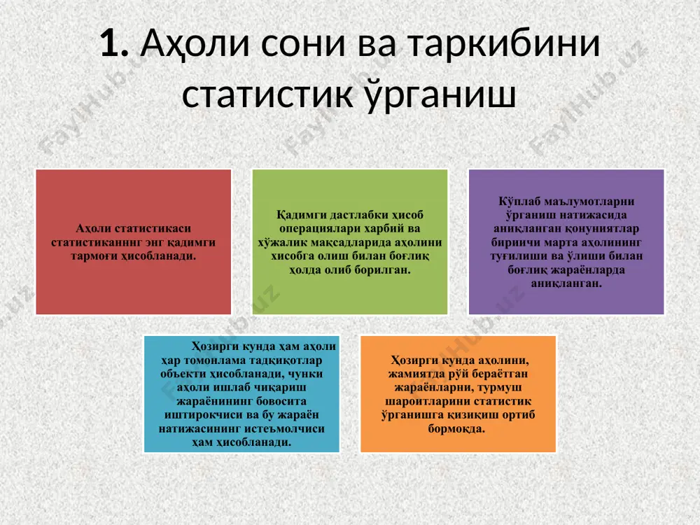 и аҳалининг сони + шу йилда туғилганлар сони + шу йилда келганлар сони – шу йилда ўлганлар сони – шу йилда чиқиб кетганлар сони  йил охиридаги аҳоли сони. динамика, ҳар қандай жойнинг аҳолиси йил давомида ўзгариб туради, шунинг учун умумий кўрсаткичларни ҳисоблаш учун статистикада аҳолининг йил мобайнидаги ҳарракати эътиборга олинади. да = ма + ви-вя ма = да - вй + вя бунда: да - доимий ахоли сони; ма - мавжуд аҳоли сони; вй - вақтинча йўқ бўлган аҳоли сони; вя - вақтинча яшаётган аҳоли сони. мисол. а мамлакатда 2015 йил 1 январда аҳоли сони 35250 минг киши бўлган. 2014 йил 1 январда 35897 минг киши бўлган. мамлакатнинг 2014 йилдаги ўртача аҳоли сонини аниқланг. аҳоли сони хақидаги маълумотлар бир неча тенг оралиқли саналарга, масалан, ҳар бир ойнинг биринчи кунига нисбатан берилган бўлса, аҳолининг ўртача йиллик сони ўртача хронологик формула бўйича аниқланади: қишлоқ аҳолиси тўғрисида қуйидаги маълумотлар берилган (минг киши …