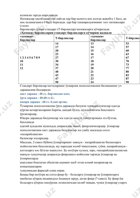 ____ маълумотларни қайта ишлаш учун калит савол № жавоб савол № жавоб 1 2 3 4 5 6 7 8 9 10 11 12 + + - + - + - + - - - - 13 14 15 16 17 18 19 20 21 22 23 24 - + - + - + + + - + - - 234 йўриқномага кўра, агар жавоб берувчи шахс у ёки бу саволга жавоб беришга қийналса, «?» белгисини қўйиши мумкин, бундай холатларда ушбу жавоб «калит»га мос келмаган тарзда шарҳланади. натижалар ҳисобланаётган пайтда ҳар бир калитга мос келган жавобга 1 балл, ва мос келамаганига 0 балл берилади. ҳар бир текширилувчининг тест натижалари («хом» бирликлар) сўнгра стандарт (т-бирликлар) натижаларга кўчирилади. «ҳомаки» бирликларни стандарт бирликларга кўчириш жадвали «ҳомаки» бирликлар т-бирликлар «ҳомаки» бирликлар т-бирликлар 1 2 3 4 5 6 7 8 9 10 11 12 14 17 20 23 27 30 34 37 40 43 …