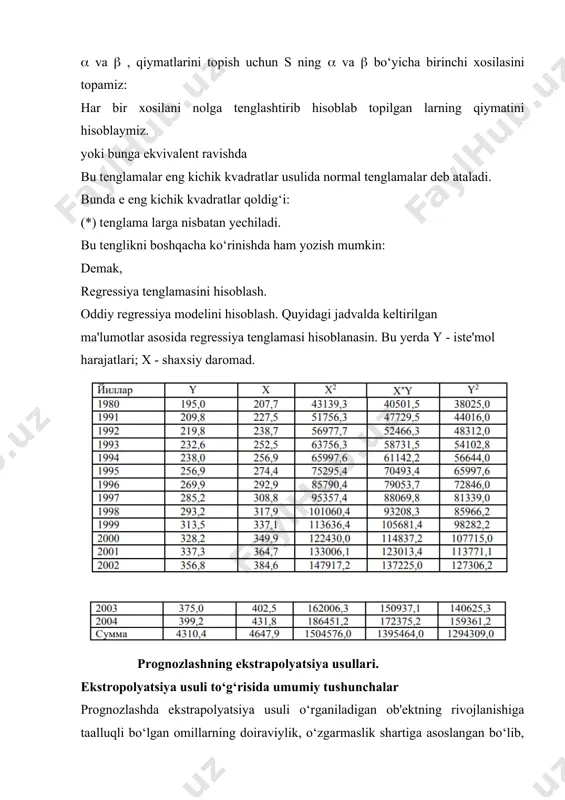 lari, qatorlarning o‘rta qiymatlari, o‘rtacha absolyut o‘sish va o‘sishning o‘rtacha tezligiga nisbatan o‘zgarmas qiymatlarga ega degan xulosaga asoslangan. prognozning murakkab ekstrapolyatsiya usuli, trendni ifodolovchi statistik formulalarni qo‘llashga asoslangan bo‘lib ikki turga: takomillashgan va analitik turlarga bo‘linadi. prognozning takomillashgan usulida vaqt bo‘yicha ketma-ket keladigan prognoz qiymatlarini avvaldan mavjud bo‘lgan ko‘rsatkichlar asosida hisoblab topiladi. bunga o‘zgaruvchan va eksponentsial o‘rta qiymat, garmonik vaznlar avtoregression o‘rta qiymat, garmonik vaznlar avtoregression o‘zgartirish usullari kiradi. analitik usul eng kichik kvadrat usuli yordamida - ning determinik tarkibini aniqlashdan iboratdir. ekonometrik modellarning ijtimoiy – iqtisodiy jarayonlarni prognozlashda qo‘llanilishi. bir o‘lchamli vaqtli qatorlarni modellash usullari. qisqa muddatga prognozlash keng qo‘llaniladigan prognozlash usuli ekstrapolyatsiya usulidir. ekstropolyatsiya usuli prognozlashni odatda bir o‘lchamli vaqtli qatori asosida amalga oshiradi. ma'lumki bir o‘lchamli vaqtli qatorlarni modellash usullari iqtisodiy ko‘rsatkichlarning dinamik qatorlarga asoslangan bo‘lib quyidagi to‘rt tarkibiy qismlardan tashkil topgandir: 1) tahlil qilinadigan jarayonning uzoq davrda rivojlanish qonuniyatlari yo‘nalishi tendentsiyasi; 2) tahlil qilinadigan jarayonda ayrim …