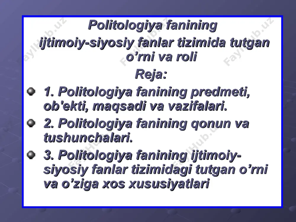 ladigan tushunchalarni uch guruhga ajratish mumkin umumijtimoiy-gumanitar tushunchalar- jamiyat, axoli, xalq, erkinlik, xuhuq, madaniyat, taraqqiyot, tafakkur, sivilizatsiya va boshqalar politologiyaga yaqin tushunchalar- xuquqiy davlat, xuquqiy madaniyat, xususiy mulk, bozor iqtisodi, raqobat, fuqarolik jamiyati, ijtimoiy qatlam, xarbay-siyosiy ittifoq kabilar fanning xususiy tushunchalari- siyosat, siyosiy xokimiyat, siyosiy partiya va tashkilot, siyosiy tizim, siyosiy siyosiy rеjim, siyosiy ong va madaniyat, siyosiy mafkura mеtodologik jamiyat siyosiy xayotining aloxida jixatlarini o’rganuvchi maxsus siyosiy nazariyalar uchun asos bo’ladi nazariy bilish jamiyat siyosiy xayoti qonuniyatlarini ochib bеradi dunyoqarashlik siyosiy voqеlikni anglash bilan bog’liq bo’lgan dunyoqarashni shakllantiradi rеgulyativ siyosiy institutlar, siyosiy tizim, siyosiy xulq va siyosiy jarayonlarga baxo bеradi. ilmiy bashorat siyosiy jarayonlarning rivojlanish qonunlari to’g’risidagi bilimlarga asoslangan xolda ularning kеlgusidagi xolati qanday bўlishini aytib bеrish rеgulyativ siyosiy xulq va siyosiy ongga ta'sir ko’rsatadi siyosatshunoslikning funksiyalari 2 – ilova: politologiya fanining uslublari dialеktik uslub – jamiyat hayotida yuz bеradigan voеalarni o’zaro aloqadorlik- da tahlil qilish. 2. siyosiy tayyorlash …