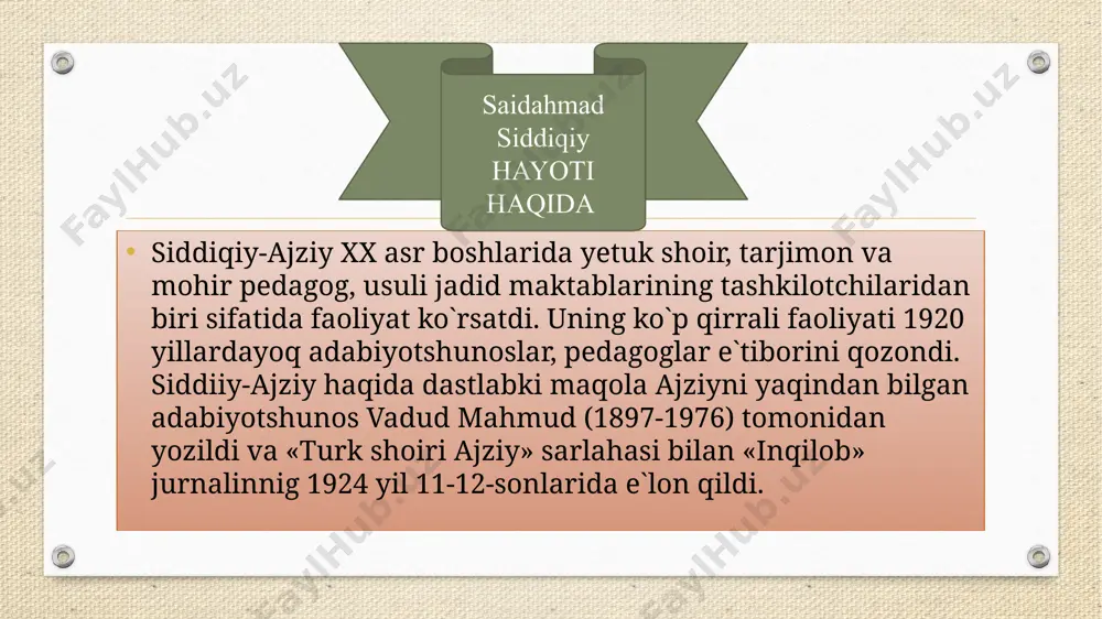 samarqandda tug`ildi. uning ota-bobolari asli turkistonlik xo`jalardan bo`lib, abu said mirzo hukmronligi davrida, ya`ni xv asrning o`rtalarida samarqandga ko`chib kelgan. saidahmad 5 yoshlarida otasi hasanxo`ja vafot etadi. onasi uni soatsoz usta abdulqayumga shogirdlikka beradi. usta tabiatan ancha xasis odam bo`lgani uchun saidahmad nihoyatda qiynaladi. bu haqda saidahmad tarjimai holida quyidagilarni yozadi: «og`ir ahvolda qolgan oilani boqish uchun onam meni soatsoz usta abdulqayumga shogirdlikka berdi. u shunday xasis ediki, hatto qahraton qish kunlarida ham issiqroq kiyim bermasdi. oyoq yalang va yarim yalang`och holda, tong yorishmasdan tortib, to yarim kechagacha tinmasdan ishlardim. tomlarning qorini kuragan paytlarimda ba`zan oyog`im sovuqdan muzlab qolardi. o`tirib uzoq yig`lardim». bunday mashaqqatlarga qaramay, tirishqoq saidahmad soatsozlik hunarini puxta o`rganib oladi. oila tebratish uchun to`quvchilik, zargarlik, soatsozlik hunarlari bilan shug`ullanadi. shu yillarda u samarqand madrasalarida o`qishni ham davom ettirdi. rahim hoshim ma`lumotlariga qaraganda «... madrasaga qatnab, «sharhi mullo»gacha o`qiydi. tirikchilik sharoitini(ng) og`ir bo`lg`oni uchun tezdan o`qushdan qo`l tortadi, ota …
