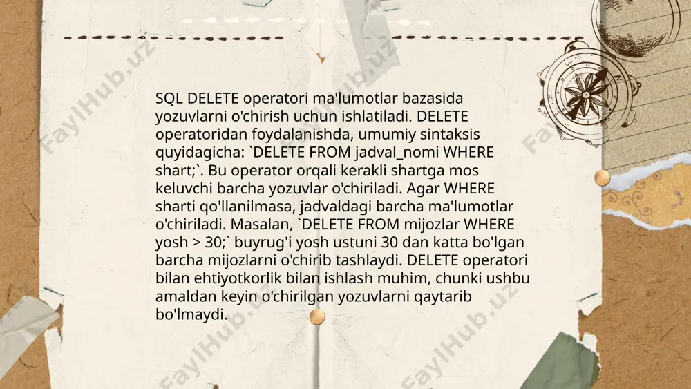 irilganligini tasdiqlash uchun start transaction, delete va commit iboralari ishlatiladi. agar o'chirish jarayonida xatolik yuz bersa, yozuvlar oldingi holatiga qaytarish uchun rollback qo'llaniladi. uzluksizlik va ma'lumotlarning yaxlitligini ta'minlash uchun tranzaksiya boshqaruvi zarur hisoblanadi, chunki noto'g'ri bajarilgan o'chirishlar ma'lumot yo'qotilishiga olib kelishi mumkin. ... t.me/slaydai_bot sqlda barcha yozuvlarni bir vaqtning o'zida o'chirish uchun "`delete`" yoki "`truncate`" buyrug'idan foydalanish mumkin. "`delete from table_name`" buyrug'i jadvaldagi barcha yozuvlarni o'chiradi va o'chirilgan har bir yozuvni qayta tiklash imkonini beradi. lekin, "`truncate table table_name`" jadvalning butun mazmunini tezroq o'chiradi va bu amalda qayta tiklash imkoniyati bo'lmaydi. "`delete`" buyruqdan farqli ravishda, "`truncate`" jadvalning tuzilmasini saqlab qoladi, biroq binar logda yozuvlar qayd etilmaydi. esda tuting, "`truncate`"dan foydalanish uchun yetarli ruxsatlar talab etiladi. ... t.me/slaydai_bot sql delete from operatoridan foydalanib, ma'lumotlar bazasidagi ma'lumotlarni o'chirish mumkin. o'zbek tilida delete from sintaksisi quyidagicha bo'ladi: `delete from jadval_nomi where shart;`. bu yerda `jadval_nomi` - ma'lumotlar o'chiriladigan jadval nomi, `shart` - qaysi …