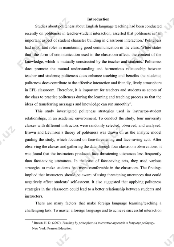 study, which focused on face-threatening and face-saving acts. after observing the classes and gathering the data through four classroom observations, it was found that the instructors produced face-threatening utterances less frequently than face-saving utterances. in the case of face-saving acts, they used various strategies to make students feel more comfortable in the classroom. the findings implied that instructors should be aware of using threatening utterances that could negatively affect students’ self-esteem. it also suggested that applying politeness strategies in the classroom could lead to a better relationship between students and instructors. there are many factors that make foreign language learning/teaching a challenging task. to master a foreign language and to achieve successful interaction and communication, language learners must develop communicative competence, linguistic competence, and pragmatic competence (krasner, 1999). because the main purpose of language learning is to communicate and convey meaning, language users/learners have to gain sufficient grammatical and lexical …