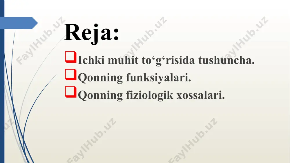 nksiyasi qonning himoya funksiyasi qonning himoya funksiyasi qon tarkibidagi hujayralar - leykotsitlar bilan bog‘liq. leykotsitlar organizmga kirgan mikroblarni qamrab olib, parchalaydi va zararsizlantiradi. qon plazmasi tarkibidagi antitelolar mikroblarni bir-biriga yopishtirib, eritib yuborish xususiyatiga ega. ana shu yo‘l bilan qon organizmni yuqumli kasalliklardan himoya qiladi. yallig’lanish: 1- teriga kirib qolgan zirapcha, 2 - qon tomiri, 3 - leykotsitlar, 4 - yiring qonning fiziologik xossalari qonning solishtirma og’irligi qonning yopishqoqligi qonning osmotik bosimi qonning solishtirma og’irligi qonning solishtirma og’irligi 1.050-1.060 qon plazmasiniki 1.025-1,034 qonning shaklli elementlariniki 1.090 qonning yopishqoqligi qonning yopishqoqligi suvnikidan 5 marta ko‘p. qon yopishqoqligining yuqori bo‘lishi uning tarkibidagi oqsillar, shaklli elementlar, xususan, eritrotsitlar bilan bog‘liq. odam organizmi ko‘p suv yo'qotganida qon plazmasi kamayib, qonning shaklli elementlarining nisbati ortadi, ya’ni qon quyuqlashib, uning yopishqoqligi ortadi. to’rtlamchi strukturaga ega oqsil-gemoglobin qonning osmotik bosimi qonning osmotik bosimi 7,6-8,1 atm.ga teng. qon osmotik bosimining doimiyligi uning plazmasida erigan mineral tuzlar va ionlar bilan …