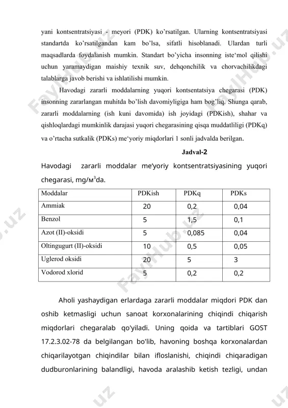 kontsentratsiyasining me‘yoriy miqdori ham inobatga olinadi. kislorodning kontsentratsiyasi 1 mg organik moddani 2, 5, 8, 10, 20 sutka davomida biokimyoviy oksidlanishiga ketadigan kislorod miqdori, biokimyoviy jarayonlarni to’liq ta‘minlaydigan kislorod miqdori va suvni kislorodga bo’lgan umumiy kimyoviy zaruriyat miqdorlari bilan aniqlanadi. hozirgi vaqtda eng ko’p ishlatilayotgan sintetik sirt aktiv moddalar ko’p suv havzalarini ifloslantiradi. bu moddalar xo’jalik ehtiyojlariga ishlatiladigan, hatto ichimlik suvlariga ham aralashib qolmoqda. buning yomon tomoni shuki, agar moddalar daryo suvlariga tushib qolsa, suvning o’z-o’zini tozalashiga salbiy ta‘sir ko’rsatadi. hamma sintetik sirt aktiv moddalar 3 ta sinfga bo’linadi. sulfanatlar va ularning tuzlari, ionogen bo’lmagan moddalar, kation aktiv moddalar. sulfanatlar sintetik sirt aktiv moddalarning asosini tashkil etgan va keng tarqalgan. bularga alkilsulfatlar, sulfanollar, monoalkilsulfanatlar kislotasining tuzlari kiradi. ionogen bo’lmagan moddalar sanoatda ishlab chiqarilgan barcha sirt aktiv moddalarning faqat 10% ni tashkil etadi. bu moddalar yuvish mahsuloti sifatida kam ishlatiladi, biroq sanoatda keng qo’llaniladi. bular op-7, op-10 va boshqalar. turmushda bir …
