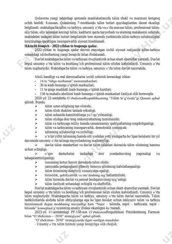 mamlakatda prezident maktablari, maxsus iqtidorli bolalar maktablari, ijod maktablari va “temurbeklar maktabi” tashkil etildi. keng jamoatchilik va ota-onalarning fikr-mulohazalari asosida yurtimizda 11 yillik majburiy maktab tálimi qayta tiklandi. mamlakatda oliy tálim tizimini isloh qilishning ustuvor yo’nalishlarini belgilash, kadrlar tayyorlash jarayonini sifat jihatidan yangi bosqichga ko’tarish, oliy tálimni modernizatsiya qilish, ilg’or tálim texnologiyalari asosida ijtimoiy soha va iqtisodiyot tarmoqlarini rivojlantirish maqsadida o’zbekistonrespublikasi oliy tálim tizimini 2030-yilgacha rivojlantirish konsepsiyasi tasdiqlandi. 2017–2021-yillarda oliy tálim muassasalari soni ikki barobar oshirilib, 2016-yildagi 77 tadan 141 taga еtdi, oliy tálimga qabul kvotasi ham 3 barobar oshirilib, 28 foizga еtkazildi. 2022- yilda ushbu ko’rsatkich 38 foizga еtkazildi. yosh ayol-qizlarning tálim olishi uchun qo’shimcha imkoniyat yaratilib, 3 ming nafardan ortiq qiz uchun alohida grantlar ajratilgani ham tákidlab o’tish maqsadga muvofiq. o’zbekistonda amalga oshirilayotgan tizimli islohotlar ilm-fan va innovatsiyalarda ko’plab kamchiliklarni bartaraf etdi, natijada global innovatsiya indeksi (global innovation index) hisoboti natijasiga ko’ra, respublika reytingi 29 pozitsiyaga yaxshilandi va …