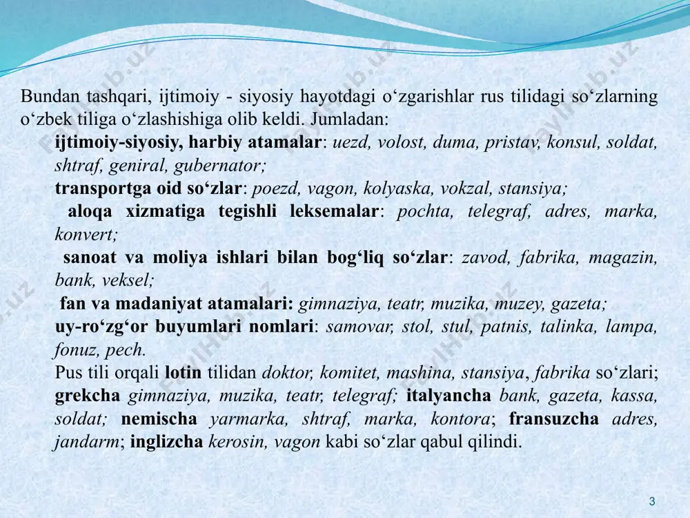 aholash mumkin. muqimiy asarlaridagi xalqchillikni kichraytish, erkalash kabi ma’nolarni ifoda qiluvchi so‘zlarni qo‘llashda ham ko‘rish mumkin: kokilchalari, yuzginasiga, oyginani, holagina. shoir satiralarida ba’zi so‘zlar ko‘chma ma’noda qo‘llanib, adabiy tildagi ma’no xususiyatlariga nisbatan alohida obrazlilik kasb etgan. xususan, tuxum so‘zi “qarindosh-urug‘”, jöjä “bola-chaqa”, ičkäri “xotin-qiz, ayol” ma’nosida qo‘llangan. muqimiy ijodida öpkäŋni bas, közgä bizi ilmägäy, ašï misāli tabaqda köz yašï, čaŋi čïqdï kabi frazemalar ham kuzatiladi. 6 bu davrda chet so‘zlari uchun ma’lum orfografik qoida yo‘qligidan o‘zlashmalar qanday talaffuz qilinsa, shunday yozilgan: o‘rus, kantura, zavut, cho‘t, kalaska, ishtirop, uez, do‘xtur, vog‘un va boshqalar. ruscha so‘zlarning qo‘llanish ma’nolari ham xilma-xil, jumladan, vagon so‘zi “poezd”, samovar esa “asbob”, “choyxona” kabi ma’nolarda qo‘llanilgan. bundan tashqari, muqimiy ba’zi ruscha so‘zlarga o‘zbekcha affikslarni qo‘shib yangi so‘z sifatida ishlatgan: moshinachi, zavodchi, moskovchi, tiligrafchi, purjinali. shoir ayrim so‘z va so‘z birikmalaridan esa obraz yaratish kabi ma’lum uslubiy maqsadlarda foydalangan: seychas, pojalista, durak, pashol, piyonista, zakun: tapïb mardikārini - …