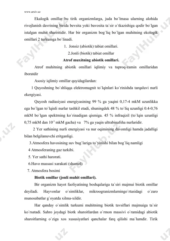 . reaksiyalar degandda esa bir xil turdagi zotlarning o`zaro ta`siri (masalan, ozuqa joyini muxofazalash) va bir xil turlarning mustaqil yashovchilari o`rtasidagi koalisiyalar tushiniladi. hayvonlar o`rtasidagi munosabatning eng keng tarqalgan - vaxshiylik, ya`ni bir tur ikkinchisini bevosita taqib etadi v eb kuyadi. o`zaro munosabatlarning boshqa turi - turli shakllardagi tekinxo`rlikdir. tekinxo`r organizm doimiy ravishda boshqa xayvonning tanasi va tanasi ichida yashaydi. u ho`jayin deb ataladi. hayvonlar gel`mintlari tekinko`r xasharotlar (bit, burga, kanalar) ba`zilari juda oddiy bo`ladi, odam va hayvonlarda havfli kasalliklarni tug`diruvchi vaxshiylardir. osimliklar va hayvonlar o`rtasidagi munosabat yana ham murakkab va xilma-xil bo`lishi mumkin. ba`zi bir hayvonlar o`simliklarga nisbatan changlatuvchi urug`lar, shuningdek kasalliklarni tashuvchi sifatida bo`lishi mumkin, o`simliklar esa hayvonlar uchun begona xizmatini o`tashi mumkin. tolerantlik chegaralari hususidagi qarashlar. 1840 yilda agrokimyoga asos solganlardan biri yu.libix o`simliklarning mineral bilan oziqlanishi nazariyasini olg`a surdi. u o`simlikning rivojlanishi faqat organizm uchun yetarli miqdorda bo`lgan kimyoviy element yoki parrandalargagina bog`liq bo`lmasdan, balki rivojlanish …