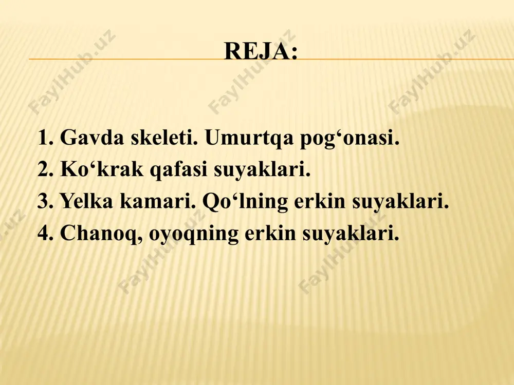 , bular bir-biri bilan tog‘ay yordamida o‘zaro, so‘ngra esa 7 - qovurg‘aning tog‘ayiga birikadi. bulardan ham pastda joylashganlari (11- 12- qovurg‘alar) oldingi tomondan to‘sh so‘yagiga birikmay, qorin muskullari orasida joylashadi, bular yetim qovurg‘alar deb ataladi. to’sh suyagining tuzilishi to‘sh suyagi yassi suyaklar turkumiga kiradi. u uch qismdan iborat: yuqorigi - dasta, o‘rta - tana qismi va pastki - qilichsimon o‘simtadan iborat. qo‘l suyaklari qo‘l suyaklari. qo‘l suyaklari ikki qismga: yelka kamari suyaklari va qo‘lning erkin suyaklariga bo‘linadi. kurak va o‘mrov suyaklari yelka kamarini hosil qiladi. kurak suyagi uchburchak shakldagi yassi suyak bo‘lib, ichki botiq yuzasi bilan ko‘krak qafasining 2-7 qovurg‘alari ustiga yopishgan bo‘ladi. kurakning tashqi burchagidagi bo‘g‘im yuzasi yelka suyagi bilan birikishga moslashgan. o‘mrov suyagi ichki tomondan to‘sh suyagiga, tashqi tomondan kurak suyagiga birikadi. u yelka bo‘g‘imining harakatlarida muhim rol o‘ynaydi. qo‘lning erkin suyaklari qo‘lning erkin suyaklari. qo‘lning erkin suyaklariga yelka, bilak - tirsak, kaft ust, kaft va panja suyaklari …