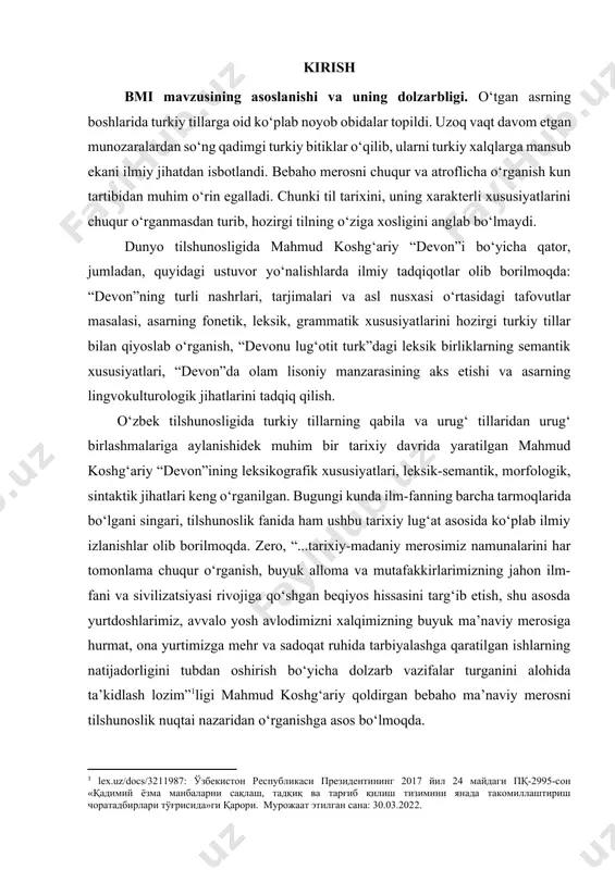 lar, uning predmeti esa harakat semali fe’llar va ularni lingvistik jihatdan tahlil qilish hisoblanadi. bmining maqsad va vazifalari. mahmud koshg‘ariyning “devonu lug‘оtit turk” asarida qo‘llangan harakat fe’llarining semantikasini o‘rganish va hozirgi o‘zbek adabiy tili bilan muqoyasasi asosida qiyosiy natijasini chiqarish ishning maqsadini belgilaydi. ishining ushbu maqsadidan kelib chiqib, unga quyidagi vazifalar belgilandi: · “devonu lug‘оtit turk” asarining o‘zbek va xorij tilshunoslari tomonidan tadqiq qilinish darajasini o‘rganish; · “devonu lug‘оtit turk” asarida qo‘llangan harakat semali fe’llarning semantik tasnifini qilish; · “devonu lug‘оtit turk” asarida qo‘llangan va hozirgi o‘zbek adabiy tilida mavjud harakat ifodalovchi fe’llarning o‘zaro o‘xshash va farqli tomonlarini yoritish; · harakat semali fe’llarning “devonu lug‘оtit turk” dagi o‘rni va ahamiyatini yaqqolroq ko‘rsatib berish. bmining ilmiy yangiligi quyidagilardan iborat: “devonu lug‘otit turk” asaridagi harakat fe’llari ilk bor bmi sifatida tadqiq etildi; “devonu lug‘otit turk” asarining dunyo tilshunosligida o‘rganilishiga e’tibor qaratilib, jahon tilshunoslarining mazkur asar yuzasidan amalga oshirgan jiddiy izlanishlarsh tavsiflandi; “devon” …
