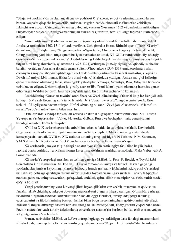 n muarrixlardan yana biri miloddan avvalgi ii asrda yashagan polibiydir. u o‘zining “umumjahon tarixi” asarida miloddan avvalgi 220-146-yillardagi voqealami ellinlar (elladaliklar) nuqtayi nazaridan tasvirlaydi. ushbu asar 0 ‘rta yer dengizi atrofidagi barcha eng muhim davlatlar tarixini o‘zaro bog‘liqlikda tasvirlagan birinchi asardir. muarrix xulosasiga ko‘ra har bir davlat tirik vujud kabi tabiat qonuniyatiga asosan o‘sadi, rivojlanadi va inqirozga uchraydi. polibiyda birinchi marta “pragmatik (amaliy) tarix” degan ibora uchraydi. asaming 2-qismida voqealar nima sababdan, qanday maqsadda yuz berganligi aniqlanadi, ya’ni muayyan voqealar kelib chiqishi sabablarining ketma-ketligi va oqibatlari bayon qilinadi. fukidid va polibiy asarlari antik, ya’ni qadimgi davr tarixshunosligining cho‘qqisini tashkil etadi. keyingi yunon (grek) muarrixlarining deyarli barchasi ular izidan bordilar. rimliklar tarixshunoslikda va boshqa fanlar sohasida, shuningdek, san’atda yunonlaming shogirdlaridir. musulmon tarixshunosligi shariat va islom aqidalari bilan bevosita bog‘liqdir. musulmon olimlari tarixiy voqealami islom aqidalari, allohning qudrati va qazoi taqdir bilan bog‘laydilar. qur’oni karimda aytilishicha, inson tirik ekan, u allohning irodasi …