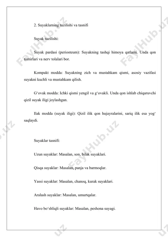 suyagi tuzilishi eng katta va uzun suyak. bosh qismi chanoq bilan birikib bo‘g‘in hosil qiladi. --- 15. boldir suyaklari tuzilishi tiz suyagi (tibia): yirik va qalin, oyoq vaznini ko‘taradi. kichik boldir suyak (fibula): oyoqni barqarorlashtiradi. 16. oyoq panja suyagi tuzilishi 26 ta suyakdan iborat: to‘piq suyaklari (tarsal): 7 ta. oyoq kaft suyaklari: 5 ta. barmoq suyaklari: 14 ta. --- 17. butun kalla. individual, jinsiy xususiyatlari va yoshga qarab o‘zgarishi bolalarda: choklar ochiq va suyaklar yumshoq. erkaklarda: kalla qalinroq va kattaroq. ayollarda: kalla yengilroq va dumaloqroq. --- 18. peshona suyagi qismlari 2 ta asosiy qismdan iborat: vertikal qism (peshona qismi): yuqori kalla qismi. gorizontal qism: ko‘z kosalari hosil qiladi. --- 19. tepa suyagi qismlari tepa suyaklari ikki tomonlama, kalla gumbazini tashkil qiladi. --- 20. ensa suyagi qismlari orqa kalla devori. unda katta ensa teshigi bor. --- 21. chakka suyagi qismlari, teshiklari chakka suyaklari eshitish uchun muhim. unda nerv va qon tomirlari …