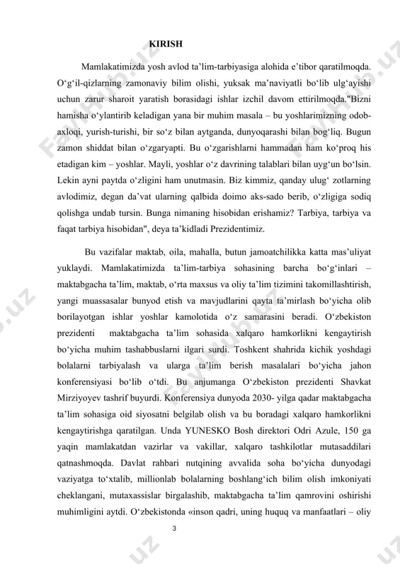 ori odri azule, 150 ga yaqin mamlakatdan vazirlar va vakillar, xalqaro tashkilotlar mutasaddilari qatnashmoqda. davlat rahbari nutqining avvalida soha bo‘yicha dunyodagi vaziyatga to‘xtalib, millionlab bolalarning boshlang‘ich bilim olish imkoniyati cheklangani, mutaxassislar birgalashib, maktabgacha ta’lim qamrovini oshirishi muhimligini aytdi. o‘zbekistonda «inson qadri, uning huquq va manfaatlari – oliy qadriyat» degan tamoyil asosida aholi uchun munosib turmush sharoitlari yaratilayotgani ta’kidlandi. «bu borada, avvalambor, yoshlar va bolalarga e’tibor va amaliy g‘amxo‘rlik ko‘rsatish, ularni jismoniy va ma’naviy barkamol etib tarbiyalashga alohida ahamiyat qaratmoqdamiz. bolalarni kichik yoshdan boshlab rivojlantirish orqali kelajakda ularning o‘zligini to‘la namoyon etishiga mustahkam zamin yaratayapmiz. zero, bu ezgu maqsadimiz yo‘lida sarflangan investitsiyalar ertaga bir necha barobar ortig‘i bilan qaytishiga shubha yo‘q», – dedi shavkat mirziyoyev. mavzuning maqsad va vazifalari: insonning shaxs sifatida shakllanish jarayoni, unga ta’sir etuvchi omillar, shaxsni shakllantirish jarayonida muhitning o‘rni haqida ma’lumotlarni o‘rganish. · shu maqsadni amalga oshirish uchun quyidagi vazifalarni · shaxs tushunchasini tahlil qilish; · shaxs …