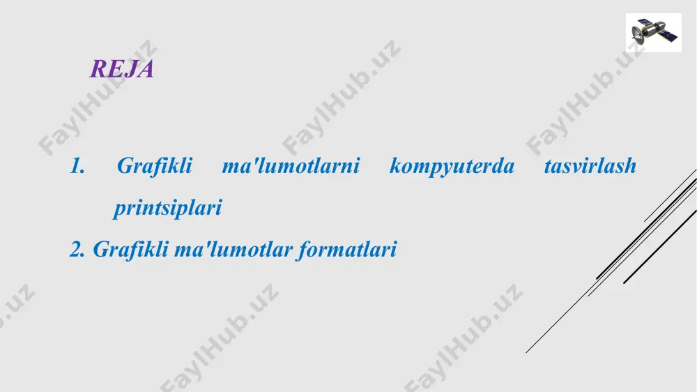 alardan iborat bo'lib, vektor holda chiziq uzunligiga qarab x va y koordinatalar qiymatiga ega bo'ladi. 5-rasm maydonli ko'rinishdagi rastrlar nuqtalar (katakchalar) iborat bo'lib, vektor holda maydon hajmiga qarab maydoni, tomonlar uzunligi va burilish nuqtalarining x va y koordinatalar qiymatiga ega bo'ladi. vektor rastr eng oddiy vektorlar chiziqlar, kesmalar, doiralardan iborat va ular yordamida turli tasvirlarni hosil qilish mumkin. elementar matematikadan ma'lumki, kesma – bu vektor va u tekislikda boshlang'ich va oxirgi nuqtalari koordinatalari bilan aniqlanadi. vektorli tasvirlash usuli 2. grafikli ma'lumotlar formatlari tasvirning skanirlanishi natijasida hosil bo'lgan kodlar bitlarini qattiq diskda saqlash uchun fayllardan foydalaniladi. fayllar ma'lum qoida asosida tuzilgan bo'lishi, hoxlagan dastur orqali ulardan ma'lumotlar olinishi, kodlar orqali tasvirlar hosil qilinishi imkoniyati bo'lishi kerak. demak, faylning shakli biror bir shablon (namuna) bo'lib, uning qatorlari, belgilari, sonlari va boshqa ko'rsatkichlari tasvirni tarkibini va ular qanday tartibda joylashganligini bildiradi. ko'plab gislar rastrli tasvirlarni saqlash uchun o'zlarida mavjud formatlardan foydalanadi. agar barcha …