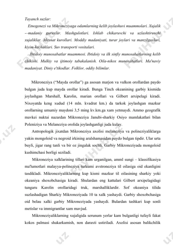 mikroneziyaliklarning xujaligida serunum yerlar kam bulganligi tufayli fakat kokos palmasi shakarkamish, non daraxti ustiriladi. axolisi asosan balikchilik bilan kun kuradi. mayda orollarda kisman uziga xos madaniyatga ega bulgan dengiz kuchmanchilari deb nom olgan kabilalar xam yashaydi. balik ovi texnikasi ancha rivojlangan: 30-40 metr keladigan yogoch tolalardan tukilgan turlar, bambukdan pupak va xinjilardan karmoklar, xivichdan yasalgan xar xil turlar, sanchki va xokazo. palau orollarida sholikorlik va kulolchilik bilan shugullanganlar. garbiy mikroneziyada sugorish dexkonchiligi asosiy rolni uynasa. sharkiy kismida balikchilik eng muxim soxa xisoblangan. garbning moddiy madaniya yuksak kulolchilik, tosh ustunlarga uy kurish va boshka kasb xususiyatlari bilan xam ajralib turadi. tosh yoki yogochustunlarga sanch kilib kurilgan uylari palma yaprogi bilan yopilgan. kiyimlari usimlik tolalaridan tukilgan xar xil belbog va etaklardan iborat, ayollar asosan xashak va yaproklardantikilgan yubka kiyadilar. ayrim orollar ijtimoiy tuzumida va ma'naviy madaniyatida ibtidoiy an'anaviy munosabatlar saklangan. ammo sosial tabakalanish xam paydo bulgan. xarbiylar, dengizchilar va kemasozlar zodagonlar tabakasiga …