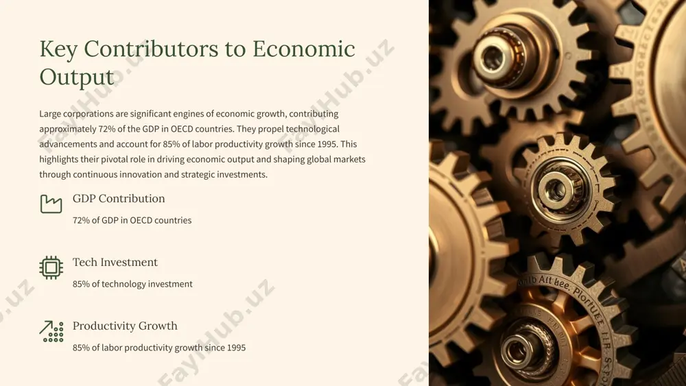 change potentially exacerbates income inequality and raises questions about fair compensation practices within these organizations. capital income growth increased by two-thirds in 25 years. labor income decrease shrunk by 6% over the same period. 4 dominance in oecd economies large corporations, defined as those with revenues exceeding $1 billion, are particularly significant in oecd economies. according to mckinsey & company, the business sector contributes 72% of the gdp in these economies. since 1995, their global revenues have risen by 60% relative to their home country’s gdp, illustrating their increasing global influence. gdp contribution 72% from the business sector in oecd economies. revenue growth 60% increase in global revenues since 1995. innovation drivers underpin 85% of technology investment and labor productivity growth. 5 enhancing economic growth a sciencedirect study reinforces the idea that a substantial presence of large corporations positively affects economic growth. countries with more large firms tend to exhibit …