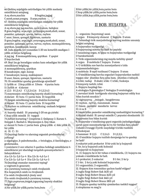 n bo�lib o�smoq ro�vojlanmoq degan manoni bildiradi c.lotincha generato so�zidan olingan bo�lib yaratmoq rivojlanmoq degan ma�noni bildiradi d.ingilizcha generatio so�zidan olingan bo�lib yaratmoq tuzmoq degan manon berdi. 37. generatev organ nima ? a.lotincha vegetatio so�zidan olingan bo�lib o�simlik rivojlanadi degan manoni anglatadi b.ingilizcha vegetation so�zidan olingan bo�lib o�smoq ro�vojlanmoq degan manoni bildiradi c.lotincha generato so�zidan olingan bo�lib yaratmoq rivojlanmoq degan ma�noni bildiradi d.ingilizcha generatio so�zidan olingan bo�lib yaratmoq tuzmoq degan manon berdi. 38.gulli o�simliklarning xilma-xilligi � bilan bog�liq. a uzoq-million yillarning o�tishi b ekologik sharoitning o�zgarishi c ularning turining oshishi d o�simliklarning moslashuvchanligi 39. hayotiy shakl deb nimaga aytiladi? a o�simliklarning tashqi muhitga har xil shaklda moslanishiga b o�simliklarning mevasining tarqalishiga har xil shaklda moslanishiga c faqat gulli o�simliklarning tashqi muhitga har xil shaklda moslanishiga d o�simliklarning o�sish joyiga har xil shaklda moslanishiga 40. gulli o�simliklar hayotiy shakliga ko�ra qanday bo�ladi? 1) daraxt 2)buta 3) yarim buta 4)o�tlar 5)bir yillik …