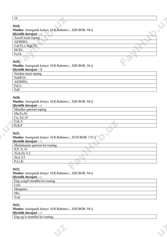 qiyinlik darajasi – 1 s-2 dagi elektronlar sonini toping. 18 ta 19 ta 17 ta 20 ta №34. manba: anorganik kimyo h.r.rahimov., iv bob. 53-§ qiyinlik darajasi – 1 yadrosining zaryadi bir xil, oo‘irliklari xar xil bo‘lgan atomlarning muayyan turi nima deyiladi? izotoplar izoelektronlar nuklon proton №35. manba: anorganik kimyo h.r.rahimov., iv bob. 54-§ qiyinlik darajasi – 1 yadro zaryadi har xil, atom oo‘irliklari bir xil bo‘lagan element atomlarni…deyiladi izobarlar elektron izoneytronlar izoxor №36. manba: anorganik kimyo h.r.rahimov., xiv bob. 113-§ qiyinlik darajasi – 1 d.i.mendeleyev davriy sistemani nechanchi yili kashf etgan? 1869-y 1879-y 1880-y 1855-y №37. manba: anorganik kimyo h.r.rahimov., i bob. 1-§ qiyinlik darajasi – 1 uglerodning qaysi birikmalari organik moddalar hisoblanadi? etil spirt, sirka kislota olmos, ko‘mir karbin, etan shakar, is gazi, sirka kislota №38. manba: anorganik kimyo h.r.rahimov., i bob. 7-§ qiyinlik darajasi – 1 avogadro qonunini kim kashf etgan? a.avogadro m.vlomonosov j.prust j.dalton №39. manba: …