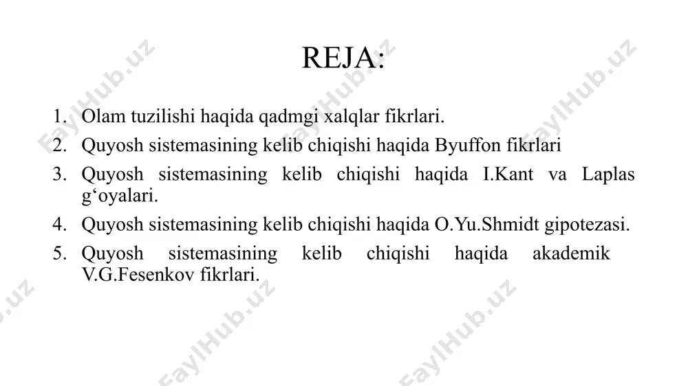 r rusumida shakllanayotgan protoplanetalarning kimyoviy tarkibi differensiatsiyalanishi natijasida, og‘ir elementlari markazda zichlashib yadroni, yengillari ko‘tarilib, ularning mantiya va qobiqlarini vujudga keltirgan deb qaraydi. to‘qnashishlar natijasida zarrachalar o‘zaro birlashib, bu sohada katta-kichik quyuqliklarni vujudga keltirgan. hosil bo‘lgan bu quyulmalarning orbitalari quyosh atrofida ko‘rinish olib, barchasi taxminan bitta orbita tekisligiga yaqin yotishi bilan tasdiqlangan va oxir-oqibatda eslatilgan quyulmalar orbitalar orasidagi butun moddani o‘zlarida mujassamlashtirib, planetalar ko‘rinishini olgan. gravitatsion tortishish ta’sirida bunday yangi moddaning planeta dara- jasigacha kelishi uchun juda katta vaqt talab etiladi. xususan, yer o‘zining hozirgi o‘lchami kattaligiga qadar siqilishi uchun ketgan vaqt, hisob-kitobning ko‘rsatishicha, 100 mln yildan kam bo‘lmagan. quyosh sistemasining kelib chiqishi haqida akademik v.g. fesenkov fikrlari. markaziy quyulmadan uloqtirilgan bu moddalar bilan boyitilgan quyoshni o‘rovchi bulutdan planetalar vujudga kelgan deyiladi. bu nazariyaga asoslangan oxirgi hisob-kitoblar quyosh, vaqt o‘tgan sayin kichrayib va sovib bugungi holatiga kelgan degan xulosani beradi. savol va topshiriqlar: kant va laplasning dastlabki gipotezalarida quyosh sistemasining …