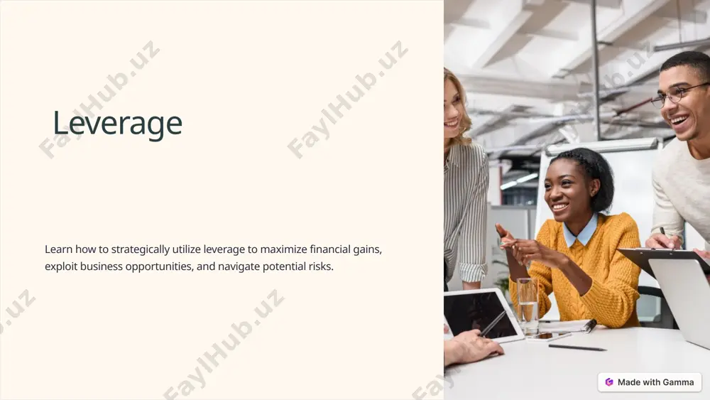 est rate fluctuations, and financial instability. market risk explore how leveraging can expose businesses to market volatility, changes in customer preferences, and economic downturns. operational risk understand the operational challenges and risks associated with leveraging, including increased complexity and management difficulties. 7 effective leverage strategies 1 thorough risk assessment learn how to assess potential risks and rewards before engaging in leveraging strategies. 2 long-term sustainability discover how incorporating sustainability goals into leveraging strategies can enhance both financial and social outcomes. 3 continuous monitoring explore strategies for tracking and evaluating the effectiveness of leveraging initiatives to ensure optimal outcomes. 8 final thoughts as we conclude our exploration of leverage, we invite you to imagine the potential that lies within the strategic utilization of resources and actions. embrace the power of leverage and unlock your business's true potential. 9 image1.png image2.png image3.png image4.png image5.png image6.png image7.png image8.png image9.png image10.png