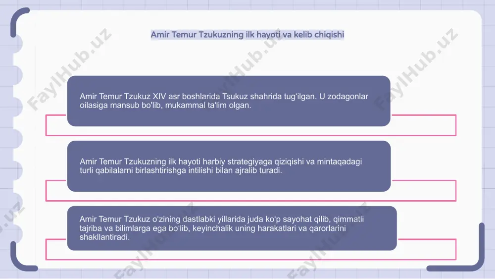 riyasining kelajakdagi o'sishi va barqarorligiga asos soldi. amir temur tzukuzning tarixiy sharoitini o‘rganish amir temur tzukuz o‘zining istilolari va yetakchiligi bilan mashhur bo‘lgan tarixda ko‘zga ko‘ringan shaxs edi. u oʻz hukmronligi davrida ulkan saltanat barpo etib, turli islohotlarni amalga oshirdi. uning merosi bugungi kunda ham nishonlanadi va uning dunyoga qo'shgan hissasi keng e'tirof etiladi. amir temur tzukuzning diplomatik strategiyalari va ittifoqlari amir temur tzukuz hukmronligi davrida diplomatik strategiyalari va ittifoqlari bilan mashhur edi. uning puxta rejalashtirishi va kuchli ittifoqlari unga imperiyasini kengaytirishga va kuchli hukmdor sifatidagi mavqeini ta'minlashga yordam berdi. amir temur tzukuzning asosiy diplomatik strategiyalaridan biri qo‘shni hukmdorlar bilan ittifoq tuzish edi. bu ittifoqlar uning imperiyasining barqarorligini ta'minlab, uni tashqi tahdidlardan himoya qildi. amir temur tzukuz ittifoqlardan tashqari, boshqa hukmdorlar bilan munosabatlarini mustahkamlash va oʻz imperiyasida tinchlikni saqlash uchun nikoh ittifoqi va sovgʻa almashish kabi diplomatik taktikalarni ham qoʻllagan. 1 2 3 amir temur tzukuz homiyligida san’at va adabiyot …