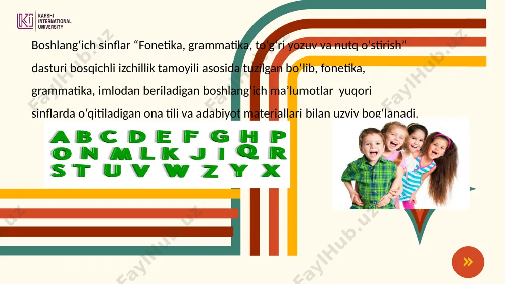 vushlar: 4 ta (d, f, t, r) daftar – ikki bo’g’indan iborat: daf-tar 1. so‘zni to‘g‘ri talaffuz qilish. 2. so‘zdagi tovushlar va harflar soni. 3. unli tovushlar soni. 4. undoshlar tovushlar soni. 5. jarangli undoshlar. 6. jarangsiz undoshlar. 7. so‘zdagi bo‘g‘inlar soni. 2-4-sinflarda tovush-harf tomondan tahlil tartibi: target/result # 3 briefly explain the graph/chart. target/result # 1 briefly explain the graph/chart. target/result # 2 briefly explain the graph/chart. 4-sinf darslik “qaldirg‘och” so‘zini tovush-harf tomondan tahlil qilish so‘ralgan va quyidagi namuna berilgan: tovush-harf tahlili tartibi. zag’cha (zag‘cha) – 5 ta tovush, 4 - ta harf, 1 - harf birikmasi. unli tovushlar: a, a. undosh tovushlar: z, g‘, ch. jarangli undoshlar: z, g‘. jarangsiz undosh: ch. 1. so‘zda ikki bo‘g‘in bor. ikkinchi bo‘g‘in – urg‘uli: ki-tób. 2. so‘zda beshta tovush, beshta harf bor. 3. so‘zda ikki unli tovush, uch undosh tovush bor. 4. k – undosh, jarangsiz, k harfi bilan ifodalangan i …