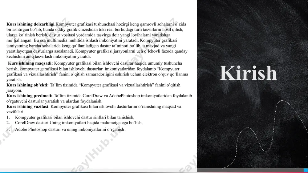 oni tushuniladi va dpi (dots per inch – bir dyuymdagi nuqtalar) da o’lchanadi. vektorli grafika bilan ishlovchi dasturiy vositalar birinchi navbatda tasvirlarni yaratishga mo’ljallangan. bunday vositalar reklama agentliklarida, dizaynerlik byurolarida va nashriyotlarda qo’llaniladi. rastrli qurilmalarda esa tasvir ularni tashkil etuvchi nuqtalar majmuasidan vujudga keladi. bu nuqtalar piksellar (pixels) deb ataladi. fraktal grafika odatda o’yin dasturlarida qo’llaniladi. tasvirlarni arxivlash uchun yanada ko’proq imkoniyatlar mavjud. kompyuter grafikasi bilan ishlovchi dastur sinflari 6 иван воронков poligrafiya ishlari uchun mo’ljallangan kompyuter grafikasi dasturlari ikki o’lchamli animasiya dasturlari ikki o’lchamli va uch o’lchamli animasiya dasturlari videotasvirlarni qayta ishlovchi komplekslar uch o’lchamli animasiya dasturlari ikki o’lchamli rang tasvir kompyuter grafikasi taqdimot ishlari uchun mo’’ljallangan dasturlar ikki o’lchamli animasiya dasturlari ilmiy vizuallashtirish ishlarini bajaruvchi dasturlar 7 kompyuter grafikasi bilan ishlovchi dasturlar: . coreldraw dasturiy paketining xususiyatlari 1987 yilda corel muhandislari mishel bouillon va pat byrne o’zlarining ish stoli nashriyot tizimlari bilan birlashtirish uchun vektorga asoslangan illyustratsiya dasturini …
