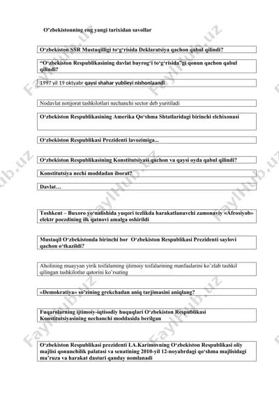 o'zbekistonning eng yangi tarixidan savollar — DOCX